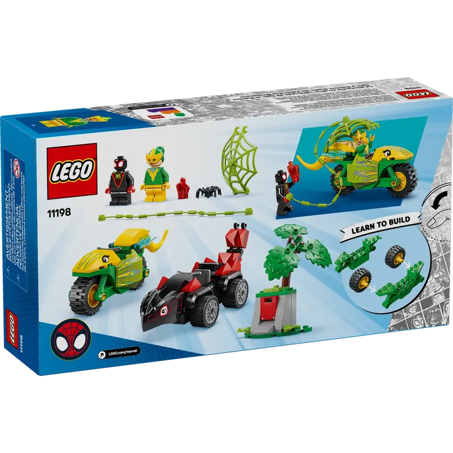 Boîte de set LEGO avec des personnages et des véhicules Spider-Man. Comprend des instructions, des figurines, des véhicules verts et rouges, un arbre et une toile d'araignée.