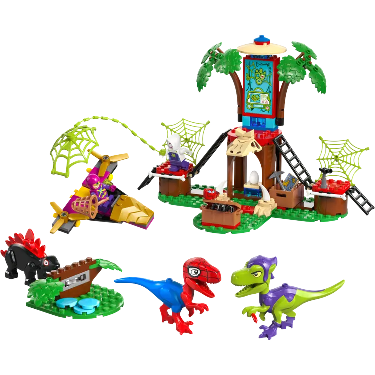 Lego set met een scène met een vliegtuig, dinosaurussen en een boomhutachtige structuur. Er zijn verschillende figuren aanwezig.