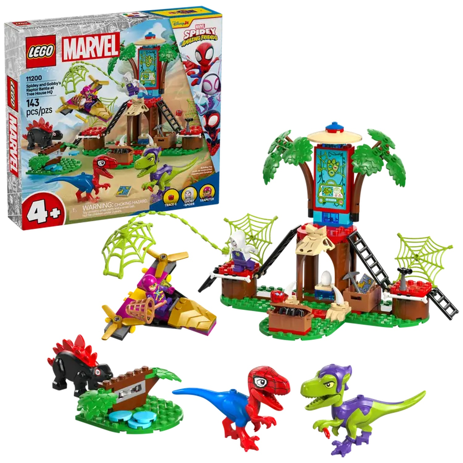 Lego-set met Spideys en Gobbys Raptor Battle at Tree House HQ. Inclusief dinosaurussen, een vliegtuig en een boomhut met spinnenwebben.