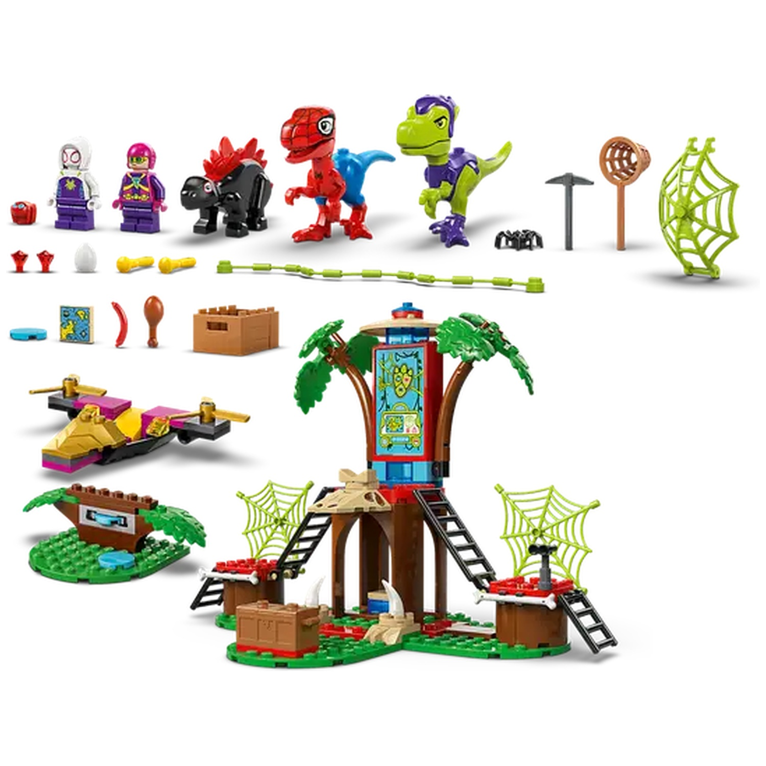 Lego set met figuren, dinosaurussen, structuren en accessoires. Spider-Man en dinosaurus personages. Groen, rood en bruin domineren.