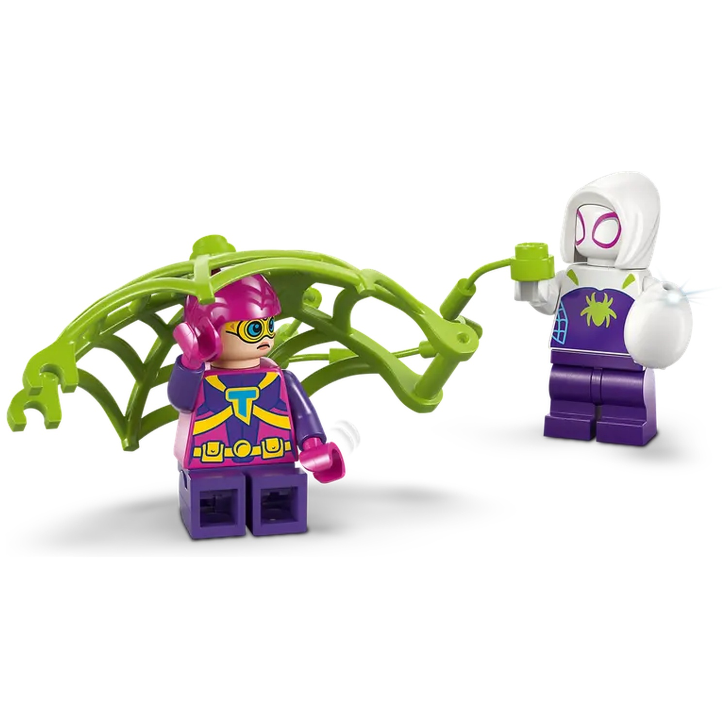 Twee Lego-figuren van superhelden. Eén draagt roze en paars, met een groen web. De ander draagt wit, paars en houdt een witte bol vast.