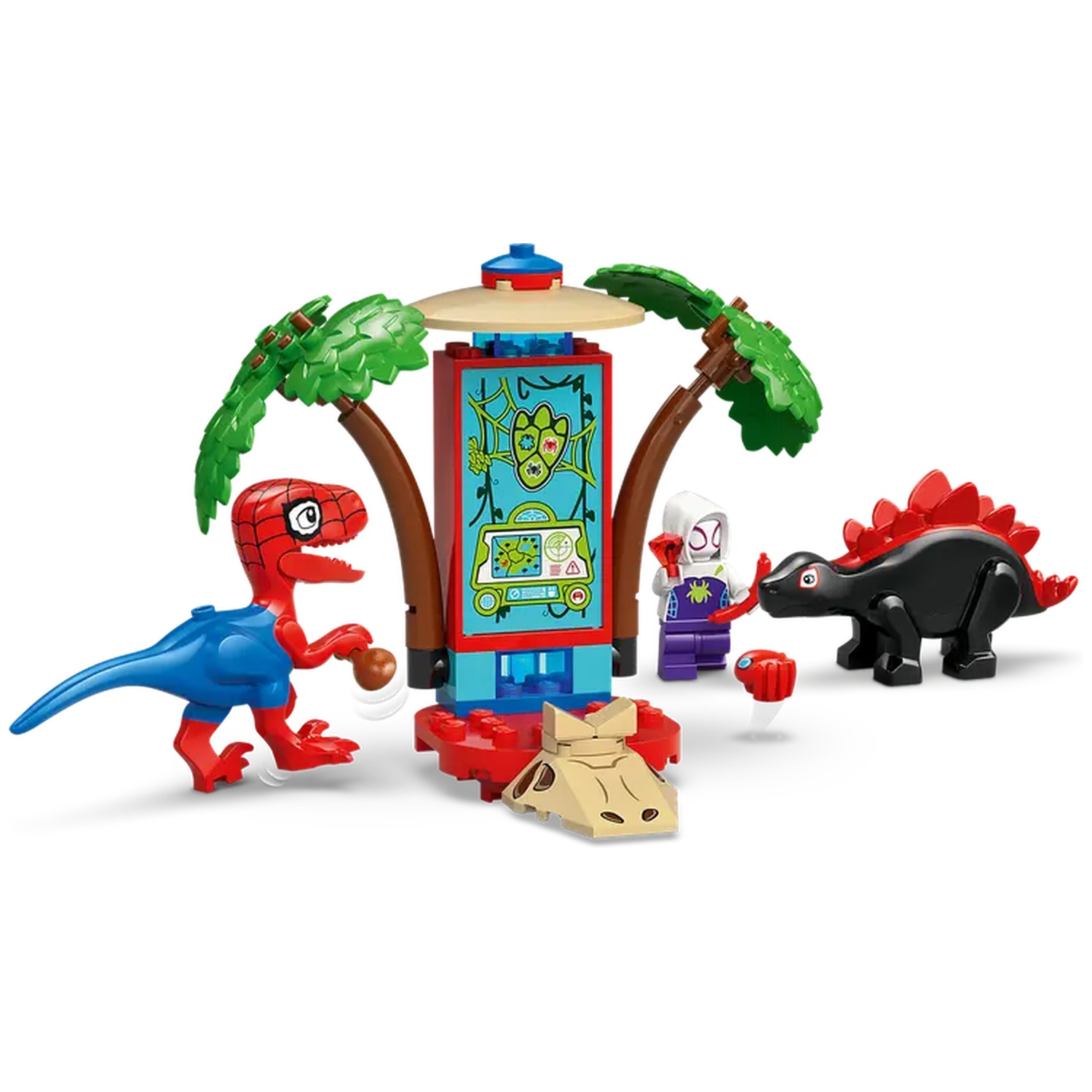 Lego-set met Spider-Man-dinosaurus, stegosaurus en andere personages. Er is een kiosk met een palmboom en een kleine auto.