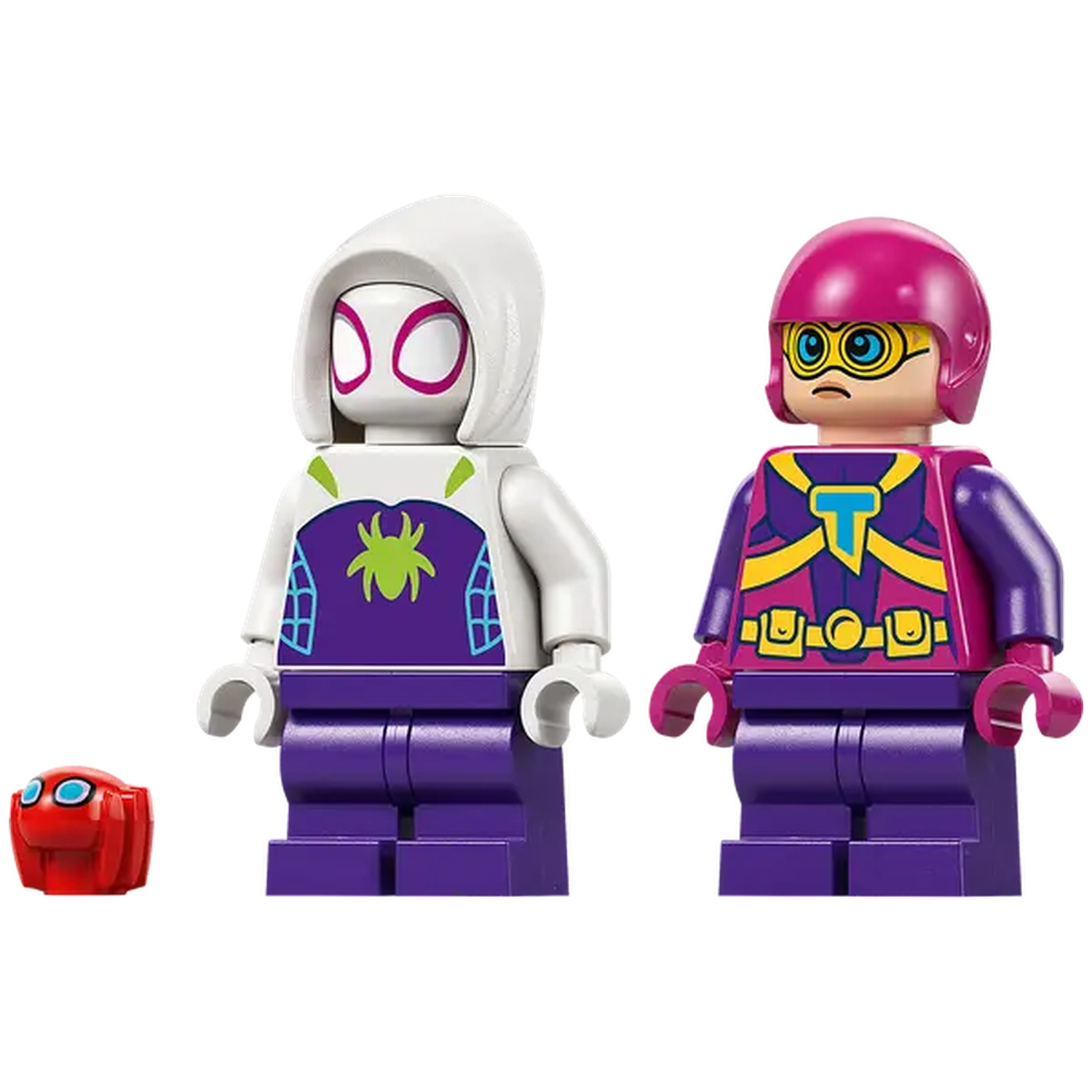 Twee Lego-figuren: Spider-Gwen en een ander met een roze helm. Een kleine rode Lego-spin is links aanwezig.