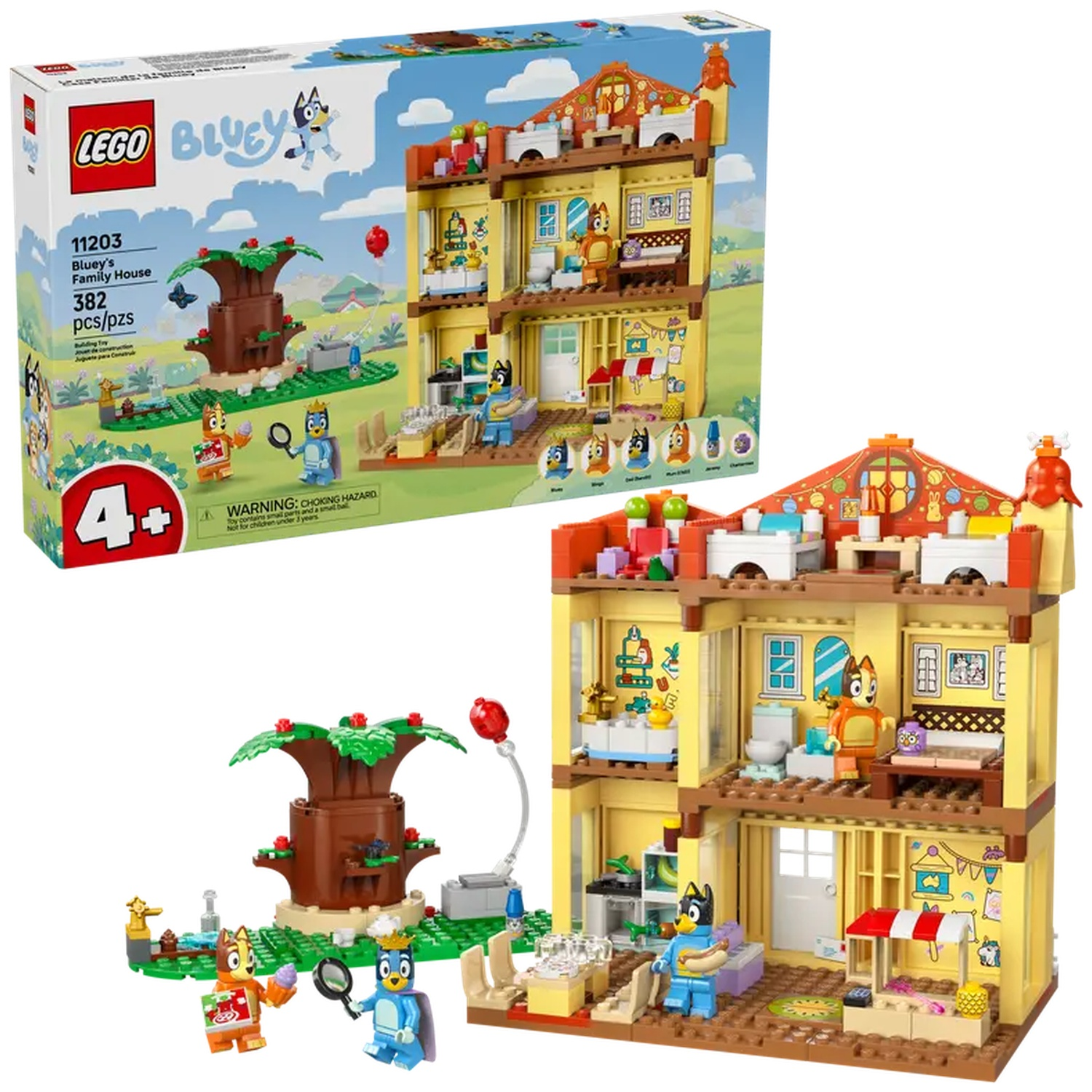 LEGO Bluey's Family House set. Bevat een huis met twee verdiepingen, Bluey en vrienden figuren, een boom en een marktkraam.