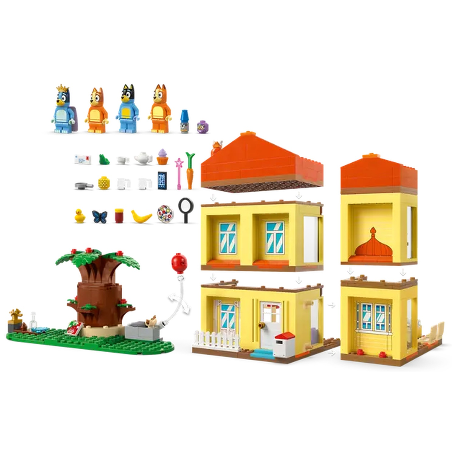 Lego set met karakterfiguren, huis, boom en accessoires. Figuren zijn Bluey-personages. Huis is geel met oranje dak.