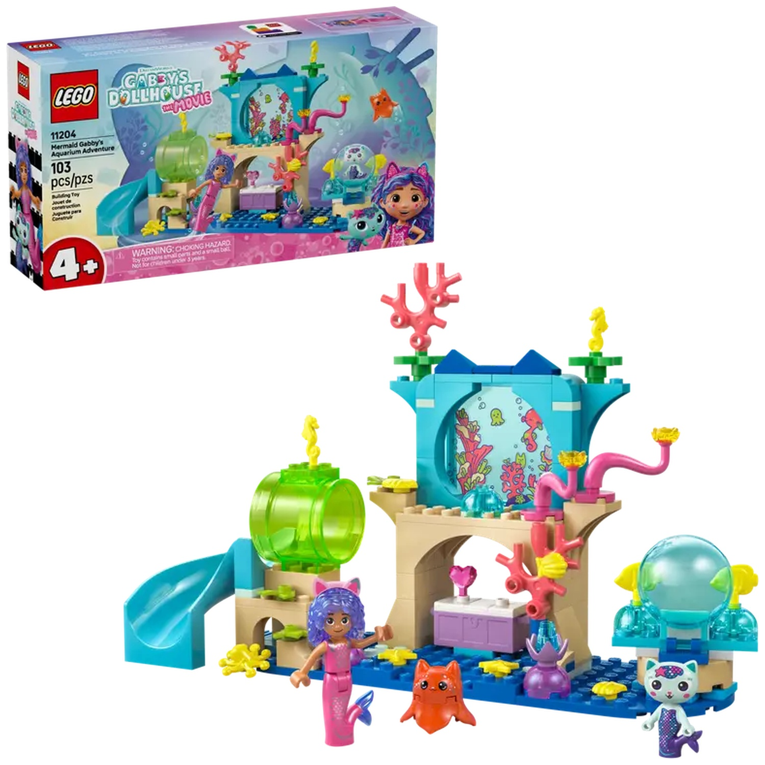 Lego set: Mermaid Gabby's Aquarium Adventure. Bevat figuren, koraal, glijbaan en structuren. Doos toont set en personages.