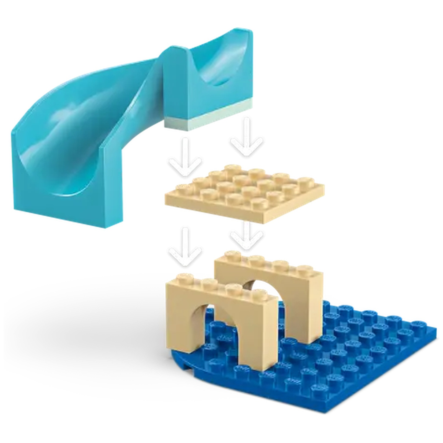 Een gedemonteerde speelset met een blauwe glijbaan, beige blokken en een blauwe basis, die montagestappen met pijlen laat zien.