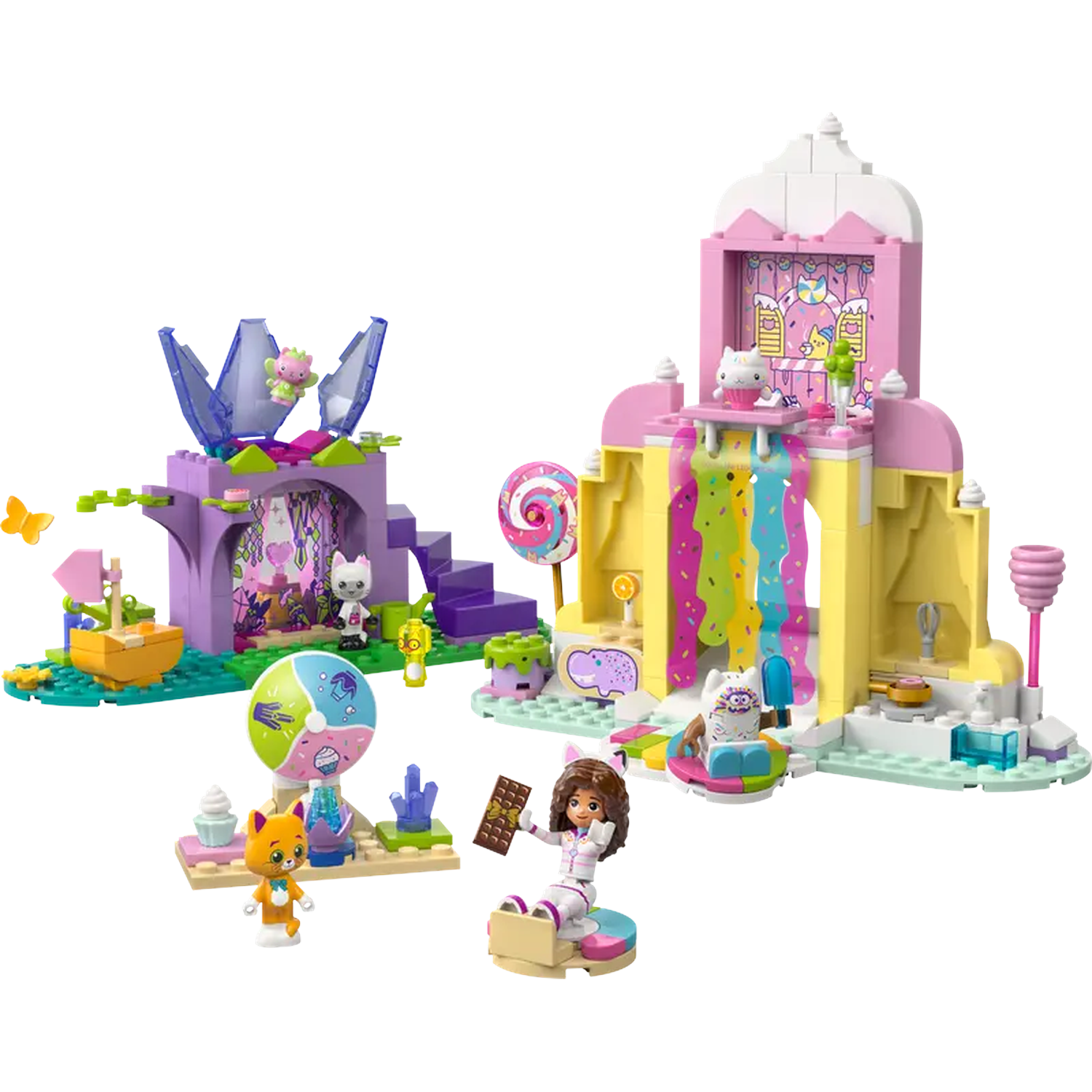 Un ensemble Lego avec deux structures, des figurines de chats, une fille et divers éléments colorés comme une cascade arc-en-ciel et des bonbons.