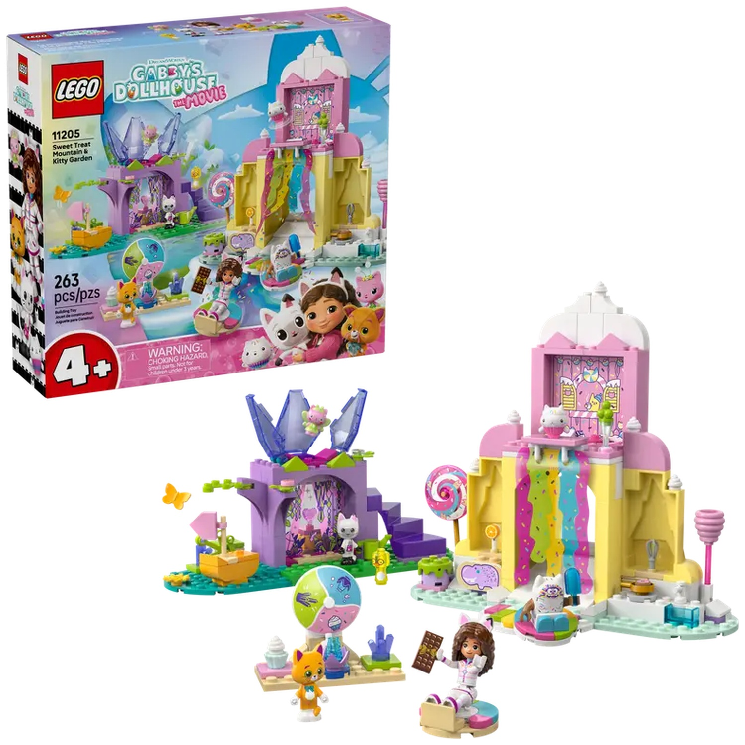 Ensemble LEGO Gabby's Dollhouse. Comprend un bâtiment rose et jaune, plusieurs figurines de chat et d'autres accessoires colorés, le tout dans une boîte.