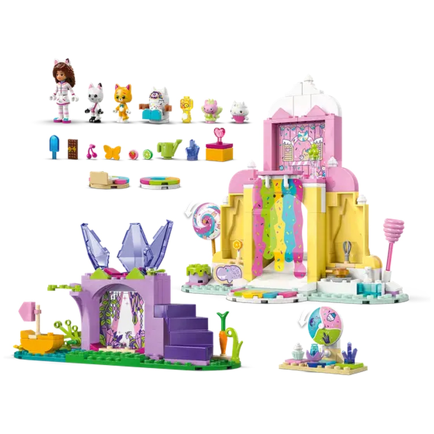 Ensemble Lego coloré avec des figurines de chats, un château, un bateau et d'autres structures. Comprend une cascade arc-en-ciel, des escaliers et des accessoires.