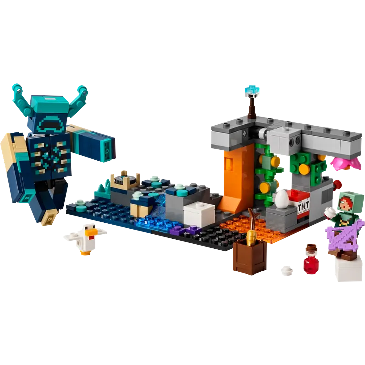 Ensemble Lego Minecraft. Gardien, poulet et figurines. Comprend une cascade, du TNT et une grande structure avec une fleur.