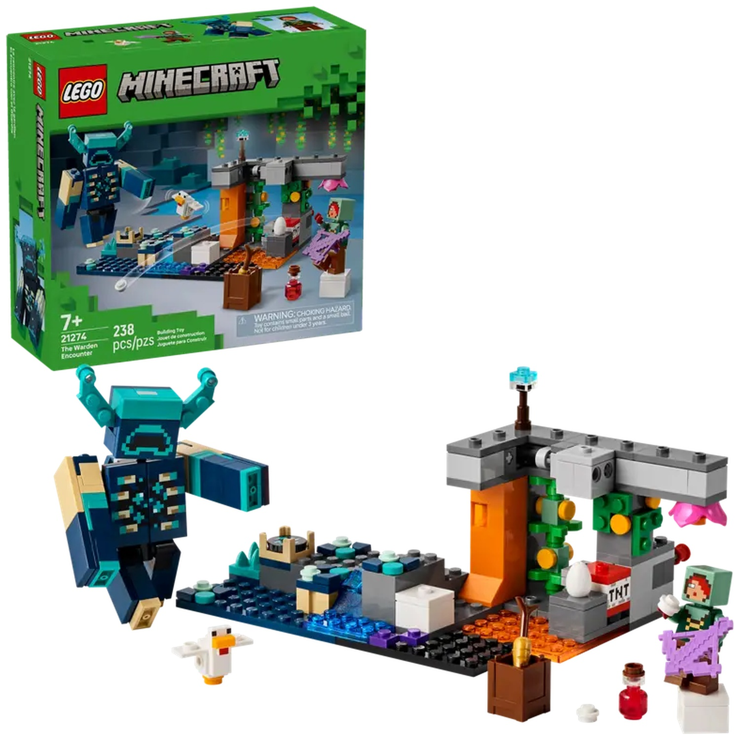 Ensemble LEGO Minecraft. Comprend Warden, figurines et blocs de construction. Présente une boîte et une scène construite avec divers éléments.