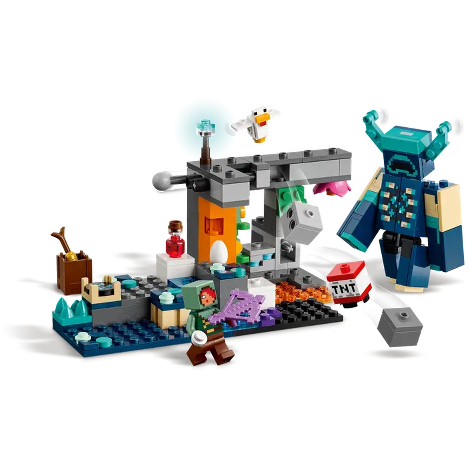 Set Lego Minecraft avec figurines de Warden, TNT, poulet et autres personnages. La scène se déroule sur une base bleu-gris avec structure.