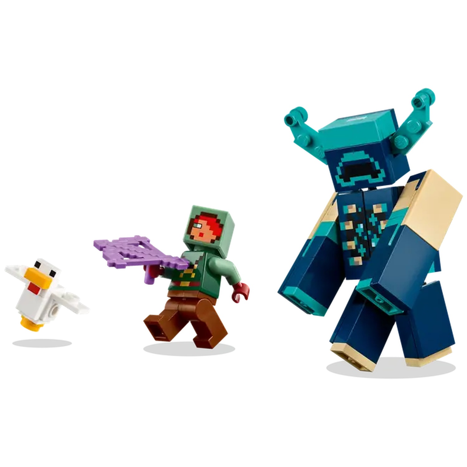 Set Lego Minecraft avec figurines Warden, joueur et poulet sur fond blanc. Le joueur tient une arme violette.