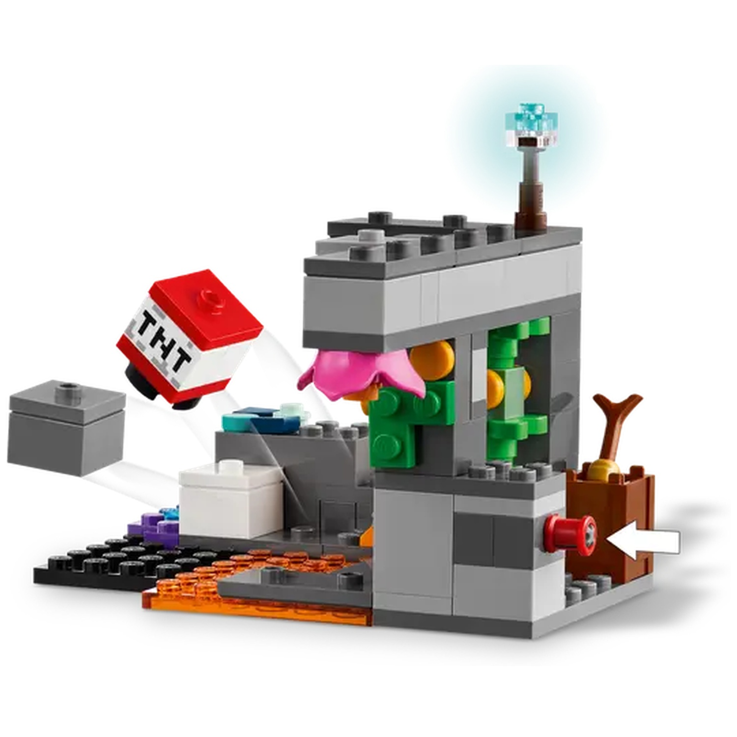 Un ensemble Lego avec des structures grises, une fleur rose, des plantes vertes, un bloc de TNT et une lumière brillante. Des détails de lave sont visibles.