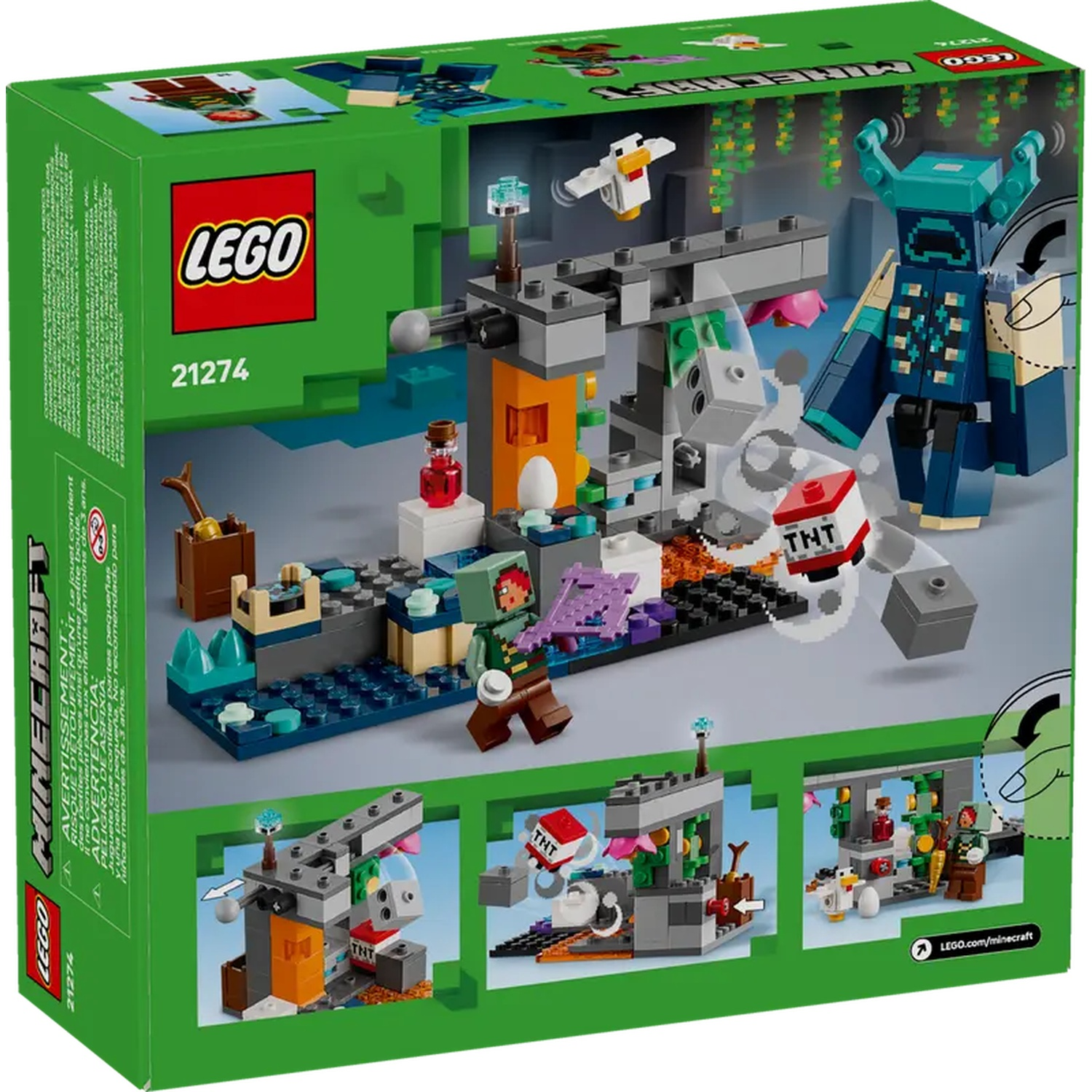 Boîte du set Lego Minecraft. Inclut des figurines, TNT, un gardien et d'autres éléments Minecraft sur fond vert.
