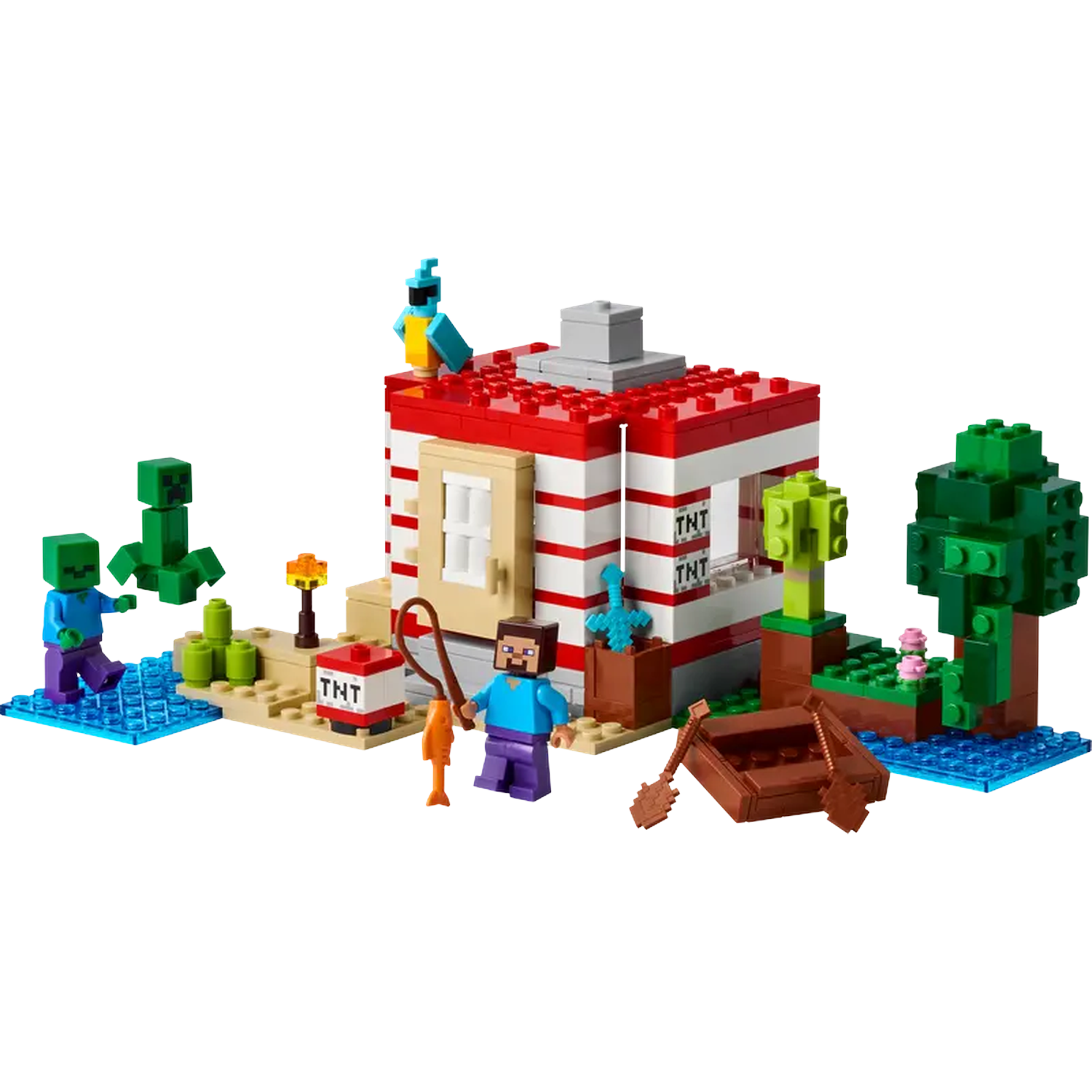 Ensemble Lego Minecraft avec maison, figurines, arbres, bateau et blocs TNT. Une figurine pêche. Une autre avec une canne.