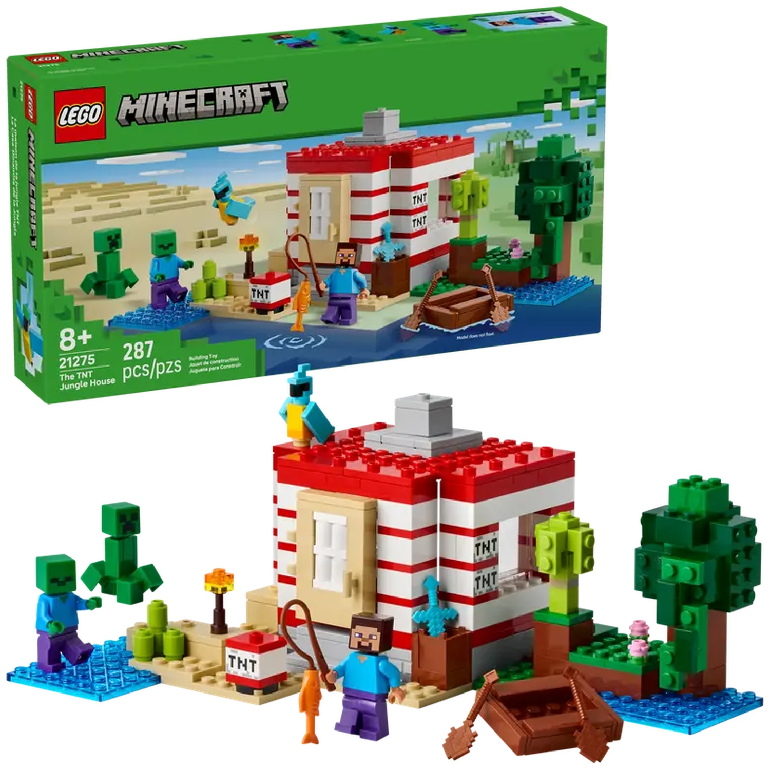 Ensemble LEGO Minecraft. Une maison rouge et blanche, TNT, des personnages, des arbres et un bateau. Une boîte avec le logo Minecraft est également visible.