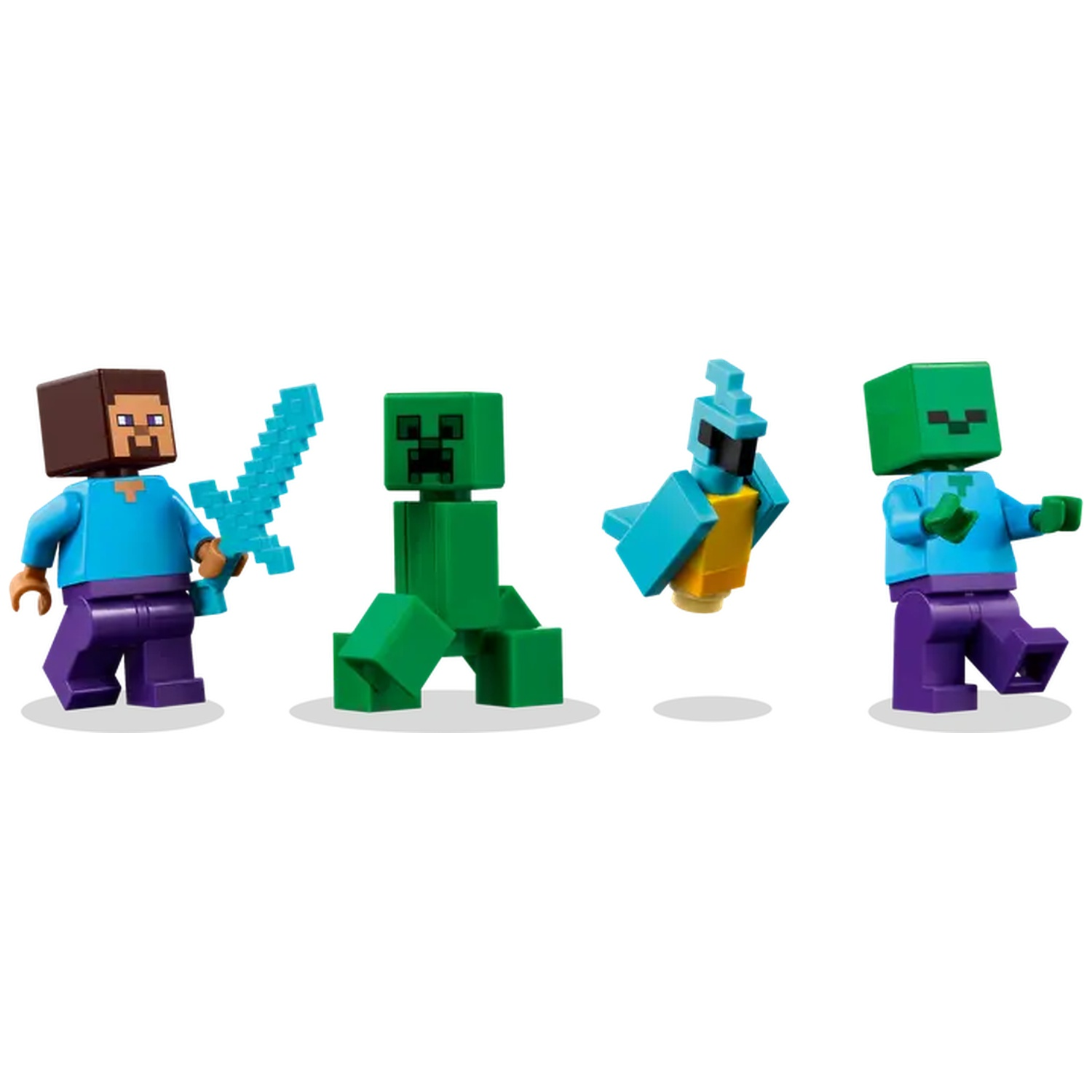 Quatre figurines LEGO Minecraft : Steve, Creeper, une figurine aviaire et un zombie. Elles sont sur fond blanc.
