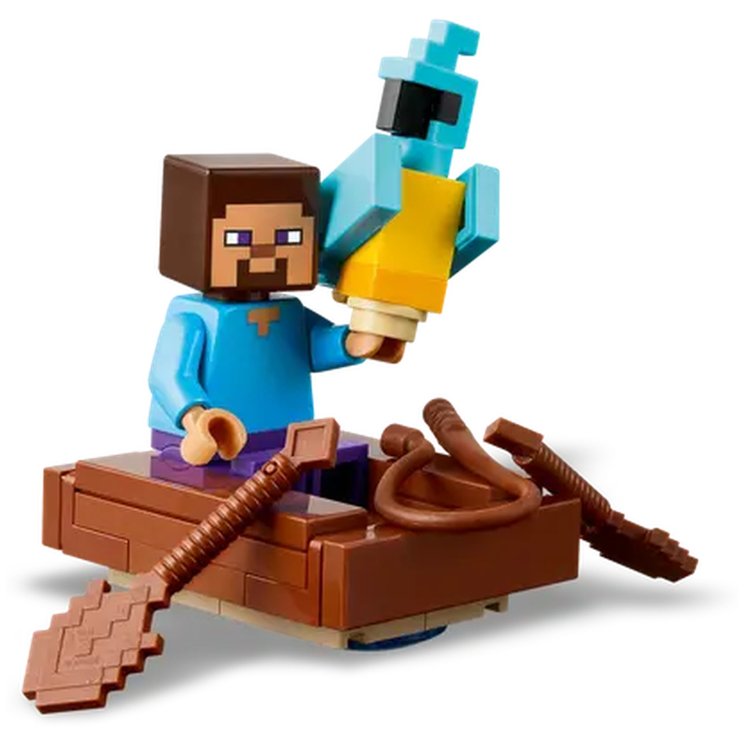 Ensemble Lego Minecraft. Steve en chemise bleue, cheveux bruns et une entité en chemise jaune, dans un bateau avec des rames.
