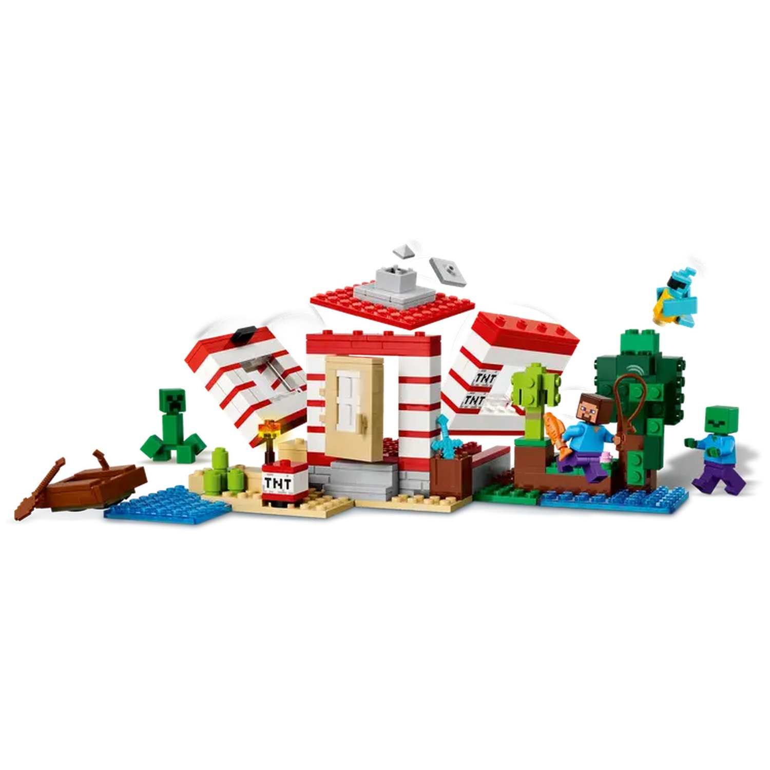 Ensemble Lego Minecraft avec un bâtiment rouge et blanc, un bateau, des figurines et des blocs. Éléments verts et bleus, tonneaux TNT et un arbre.