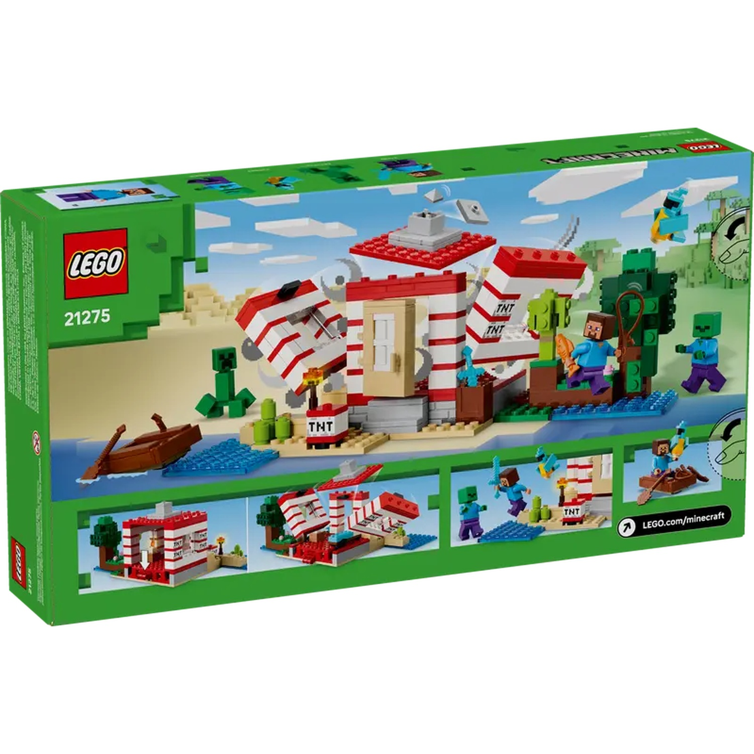 Boîte du set Lego Minecraft. Montre une scène de plage avec des personnages, un bateau, un bâtiment et divers éléments Minecraft.