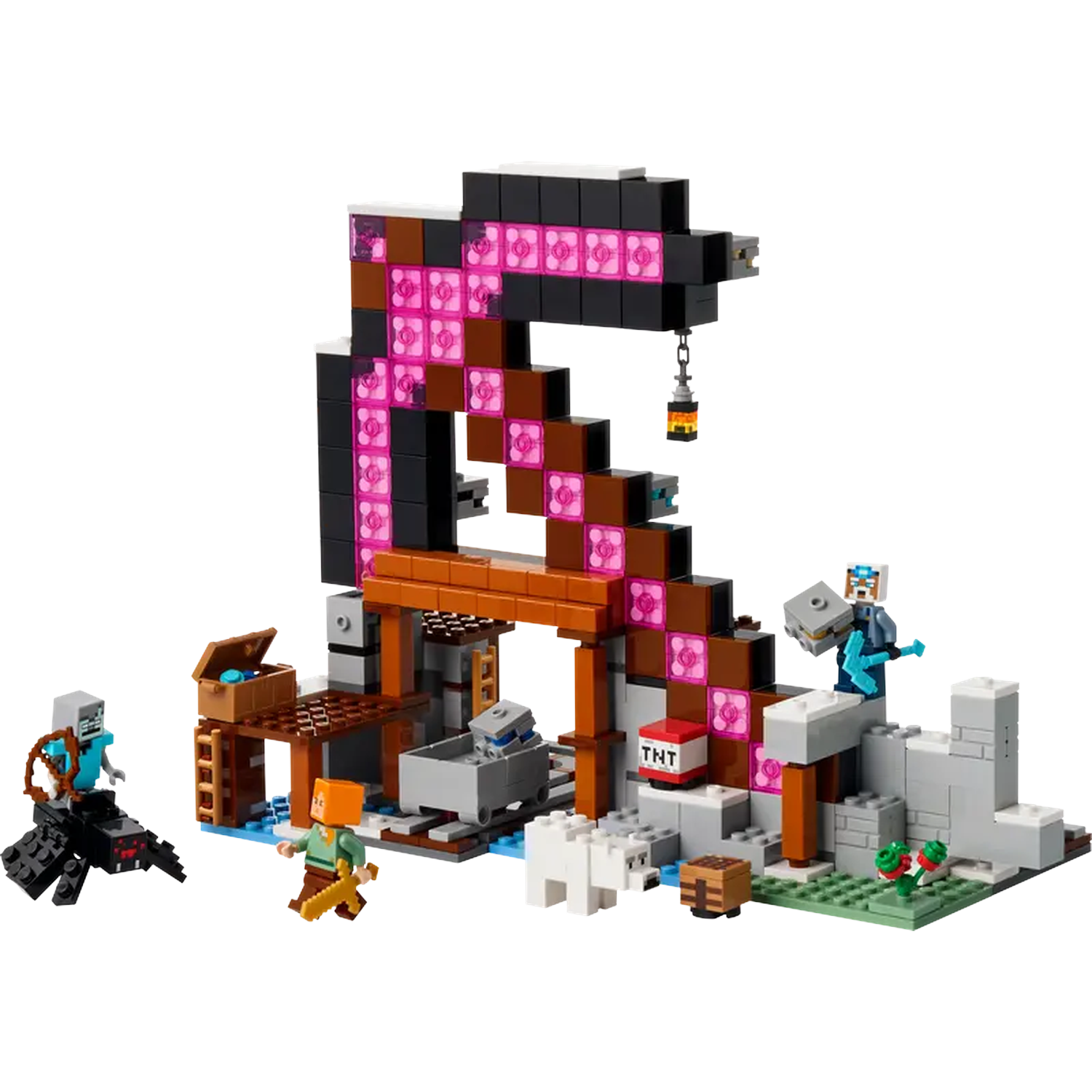 Ensemble Lego Minecraft avec personnages et structures. Comprend une entrée de mine, du TNT, une araignée et diverses figurines Lego.
