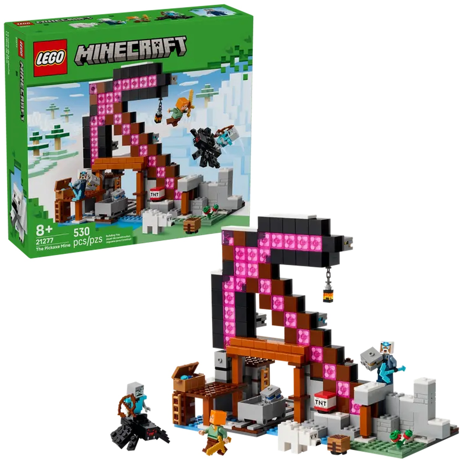 Ensemble LEGO Minecraft. Il comprend une mine avec des figurines et des accessoires. La boîte montre la mine et les personnages en action.