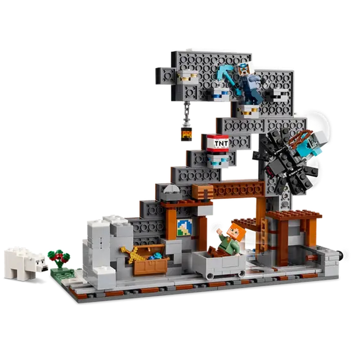 Set Lego Minecraft. Un ours polaire, Alex dans un chariot, un bloc TNT et un mineur avec une pioche sont visibles.