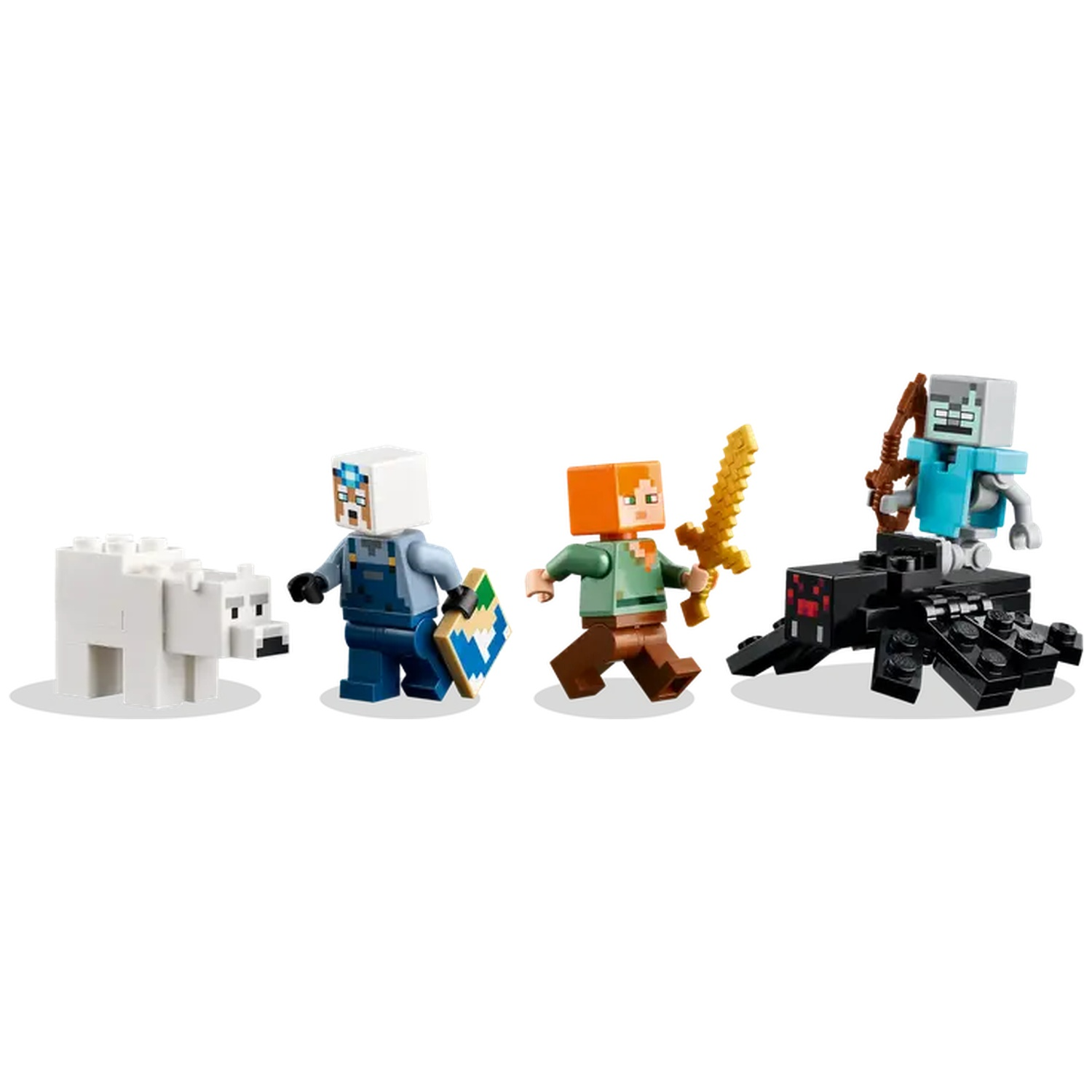 Ensemble Lego Minecraft avec des personnages. Un ours polaire, Alex avec une épée dorée, un zombie et une araignée.