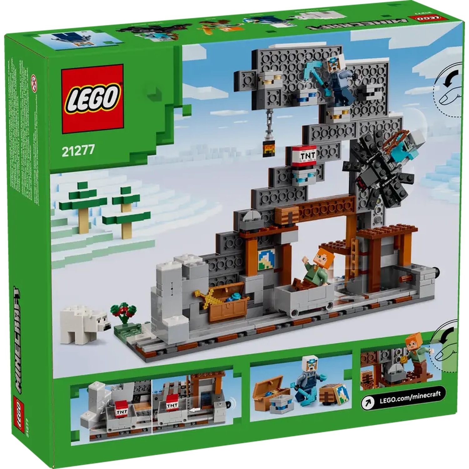 Boîte du set Lego Minecraft. Montre une scène de mine enneigée avec des personnages, du TNT et un ours polaire. Boîte verte avec le logo Lego.