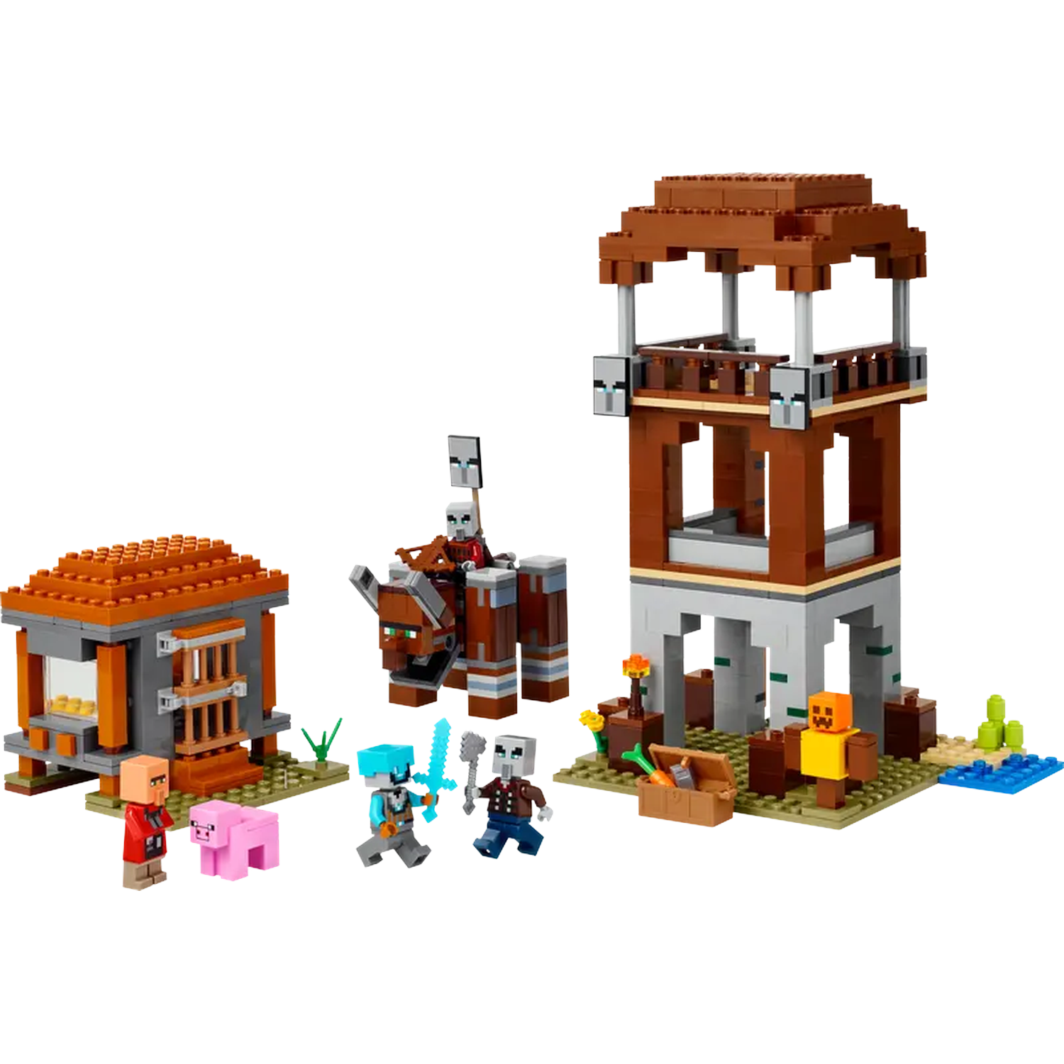 Ensemble Lego Minecraft avec une tour, une maison, des personnages et des animaux. Des blocs marron et gris sont utilisés. Personnages avec armes.