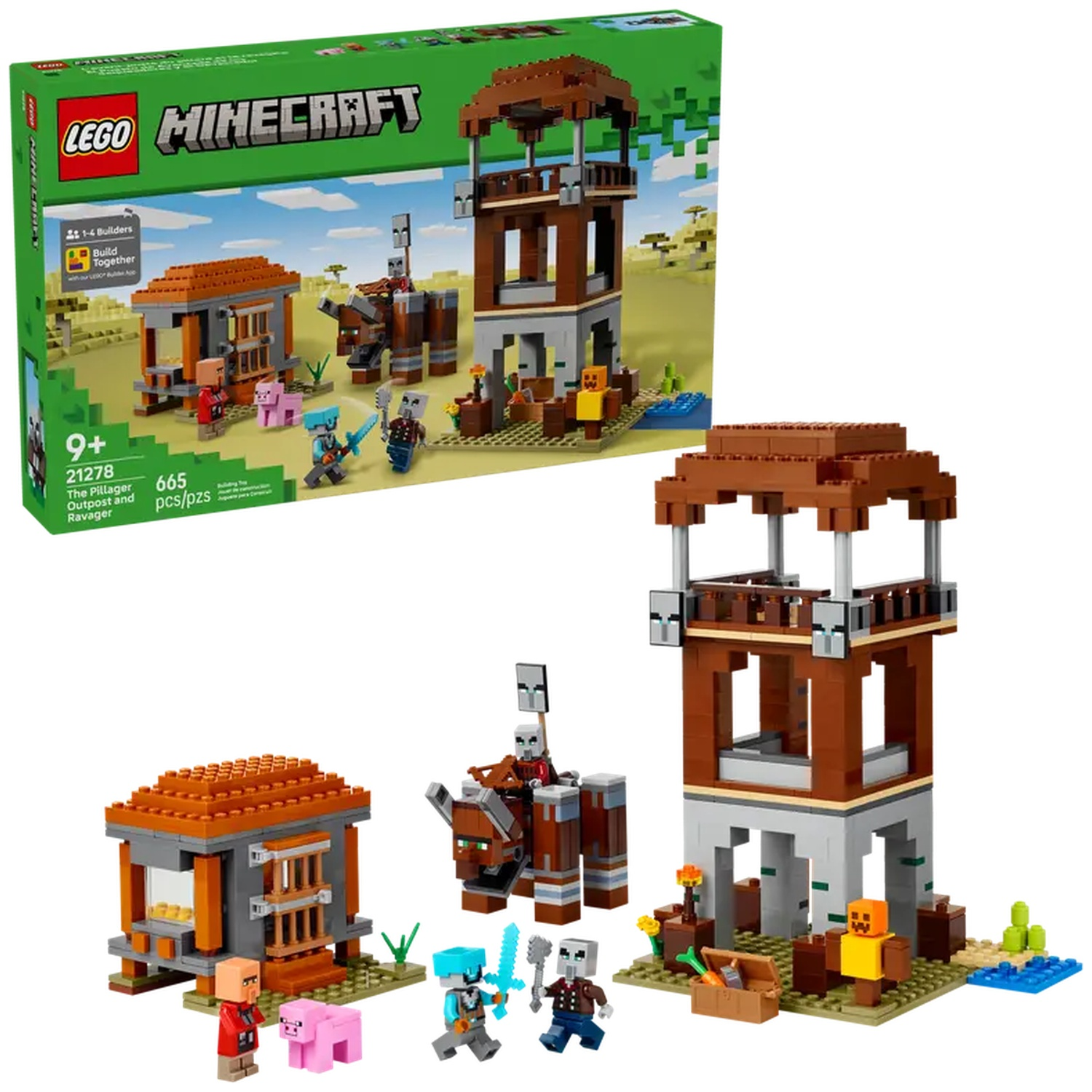 Ensemble LEGO Minecraft avec une tour, un petit bâtiment, des figurines et un ravageur. La boîte est verte avec le nom et le logo de l'ensemble.