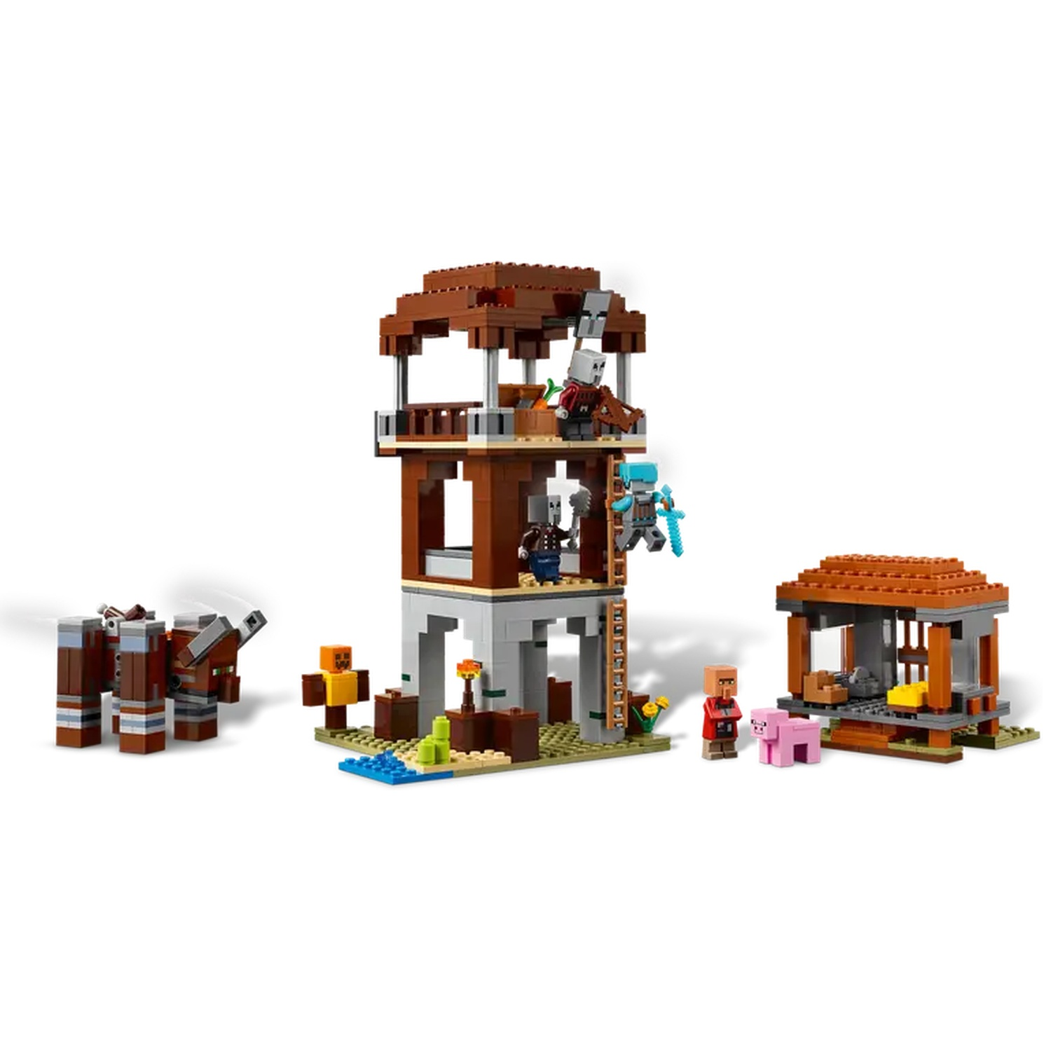 Un set Lego Minecraft, avec un bâtiment à plusieurs niveaux, des figurines, un cheval, un cochon et un petit abri.