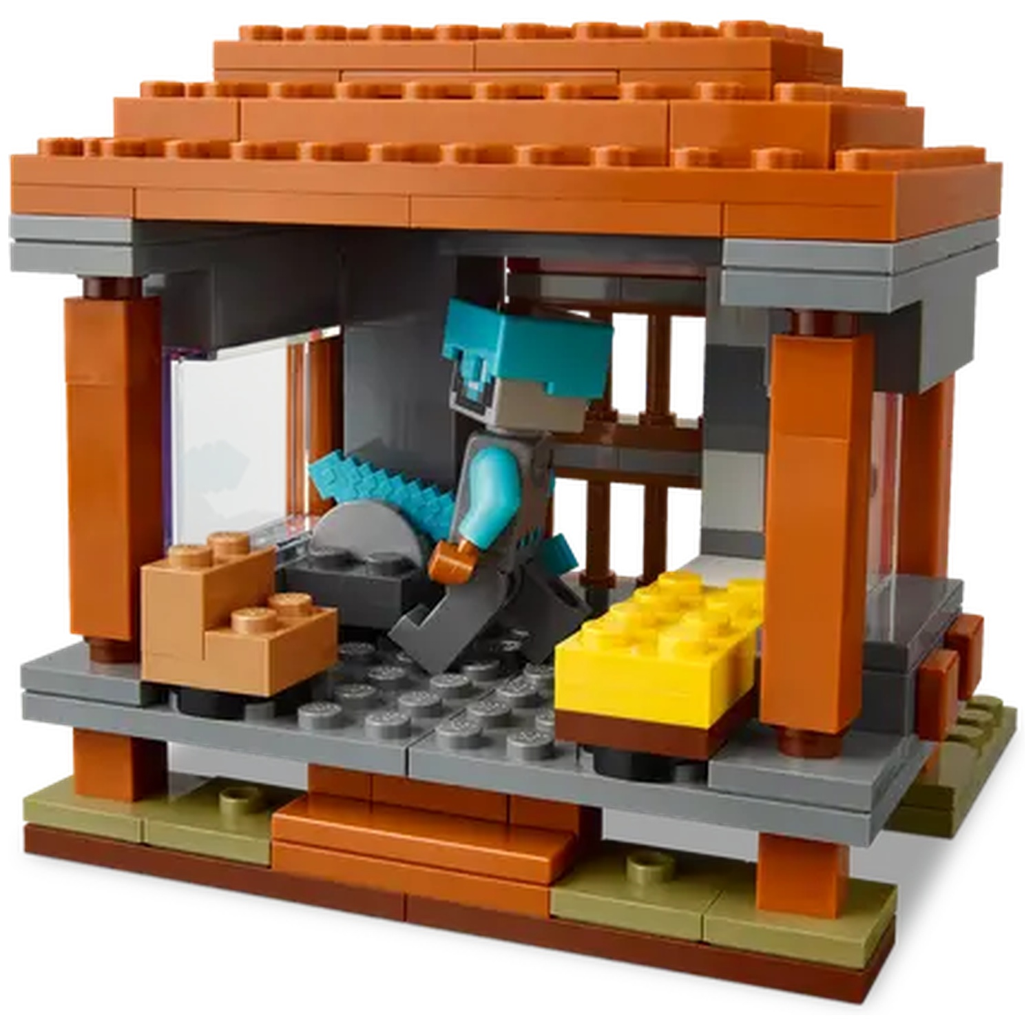 Un ensemble Lego Minecraft. Il présente une structure avec un toit orange, des murs gris et une figurine à l'intérieur. Il y a aussi un bloc jaune.