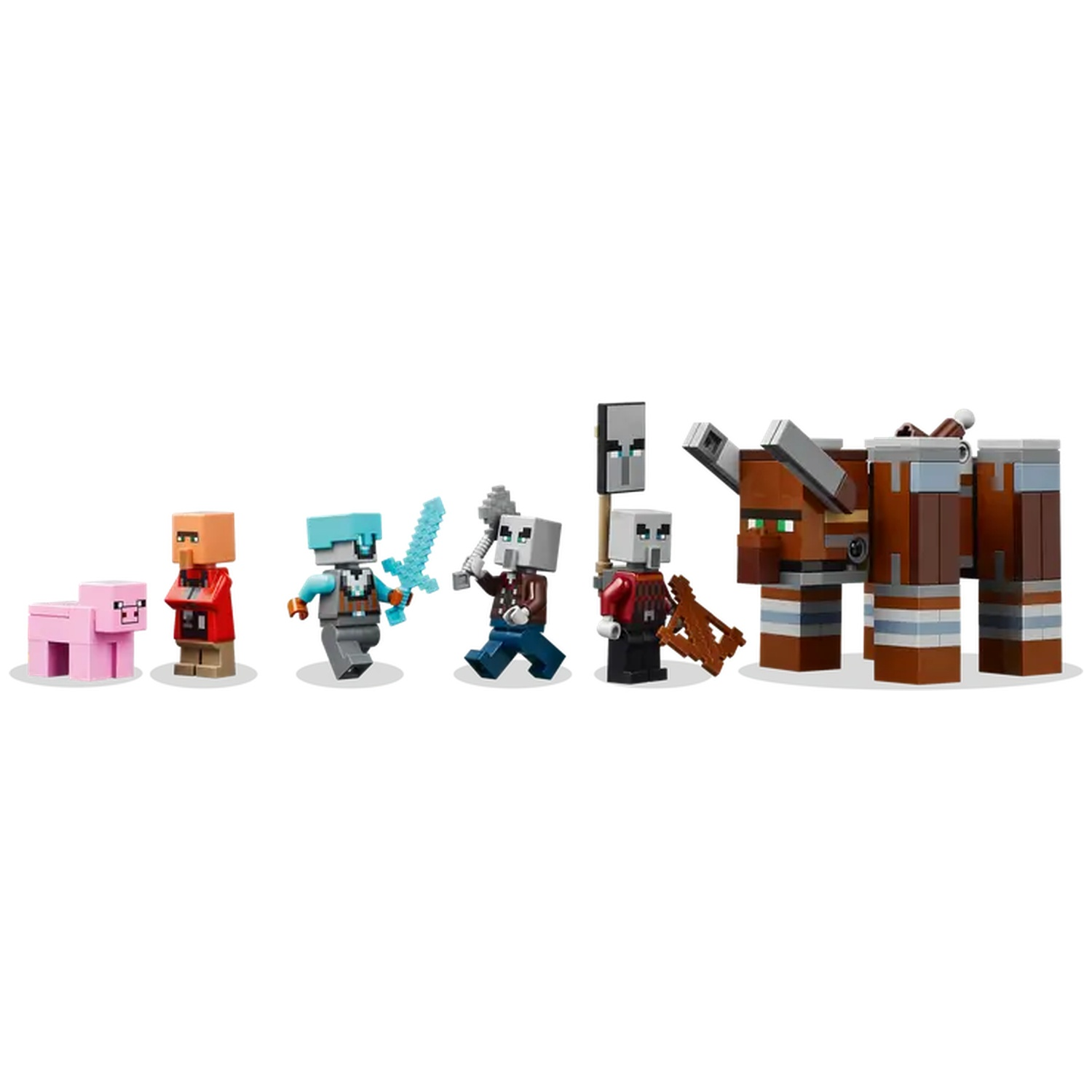 Ensemble Lego Minecraft avec des personnages et une créature marron ressemblant à un cheval. Les figurines incluent un cochon, des villageois et un squelette.