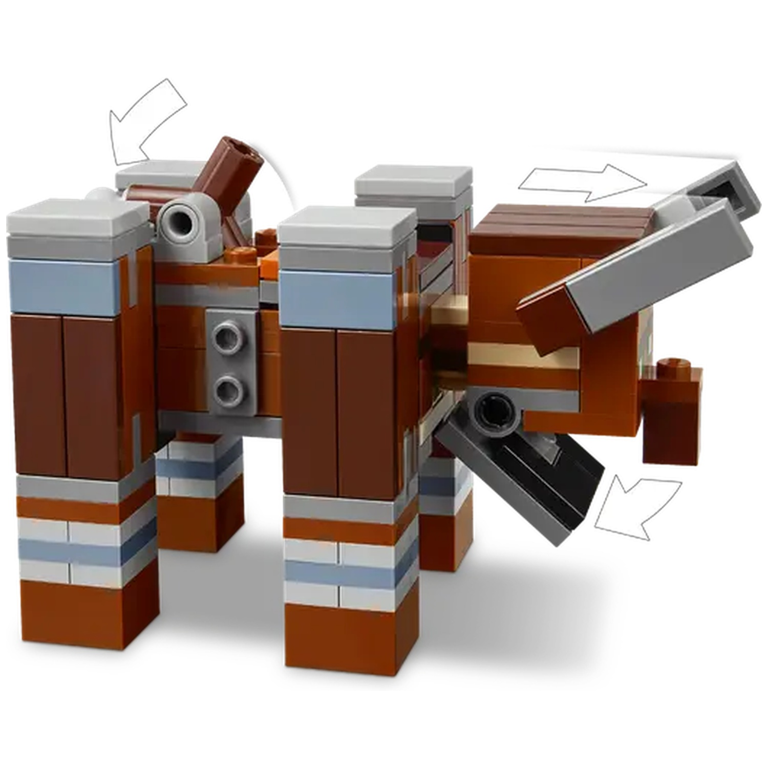 Une figurine de taureau Lego marron et beige avec des accents gris et bleus. Les flèches indiquent les parties mobiles.
