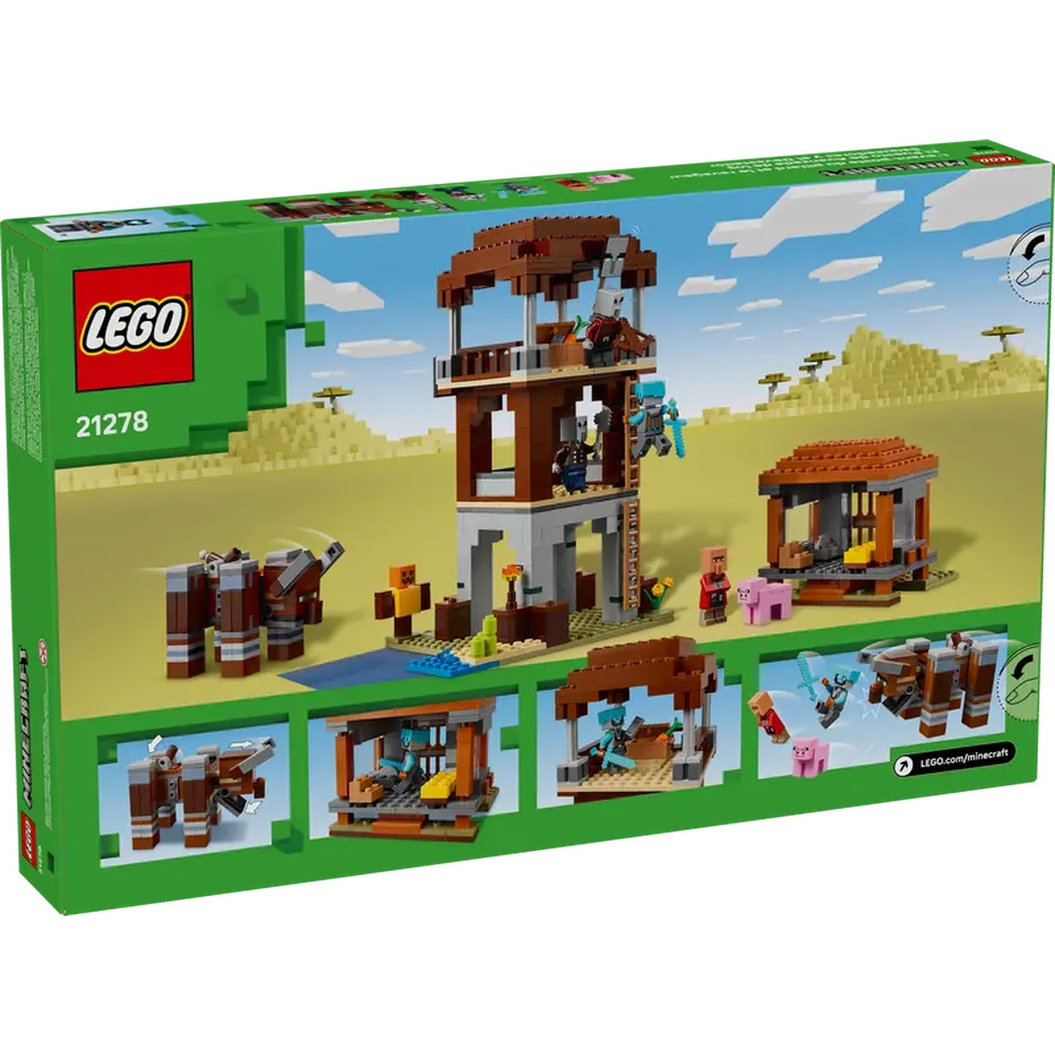 Boîte du set Lego Minecraft. Montre un bâtiment à plusieurs niveaux, des personnages, des animaux et des éléments de paysage désertique.