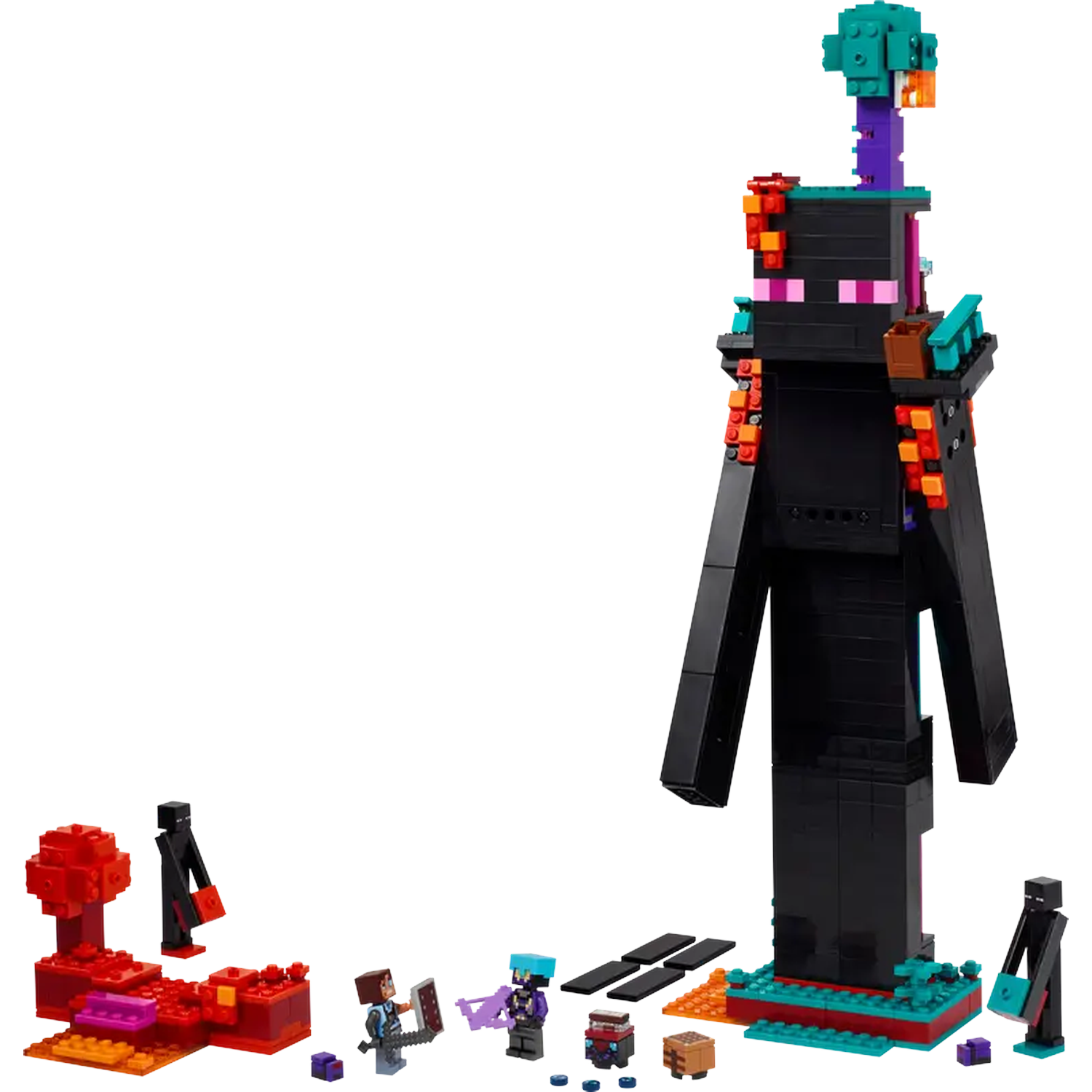 Un ensemble Lego Minecraft, mettant en vedette une grande figurine d'Enderman et des figurines de personnages plus petites avec accessoires.