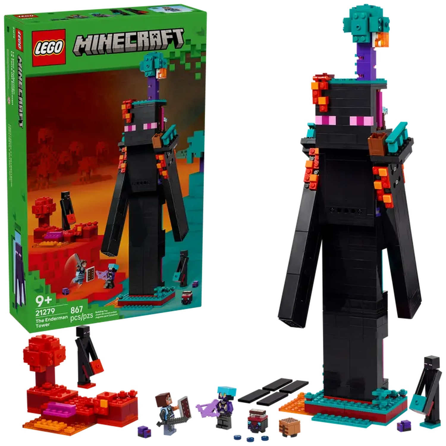 Ensemble LEGO Minecraft : The Enderman Tower. Comprend une grande figurine Enderman noire et des figurines de personnages plus petites. Boîte en arrière-plan.