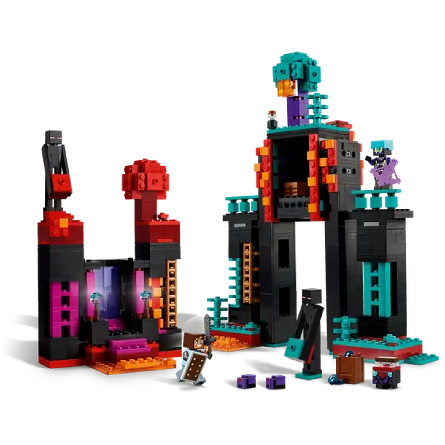 Ensemble Lego Minecraft. Structures noires avec des accents rouges, oranges et teal. Comprend des figurines et des accessoires. Scène avec un portail.