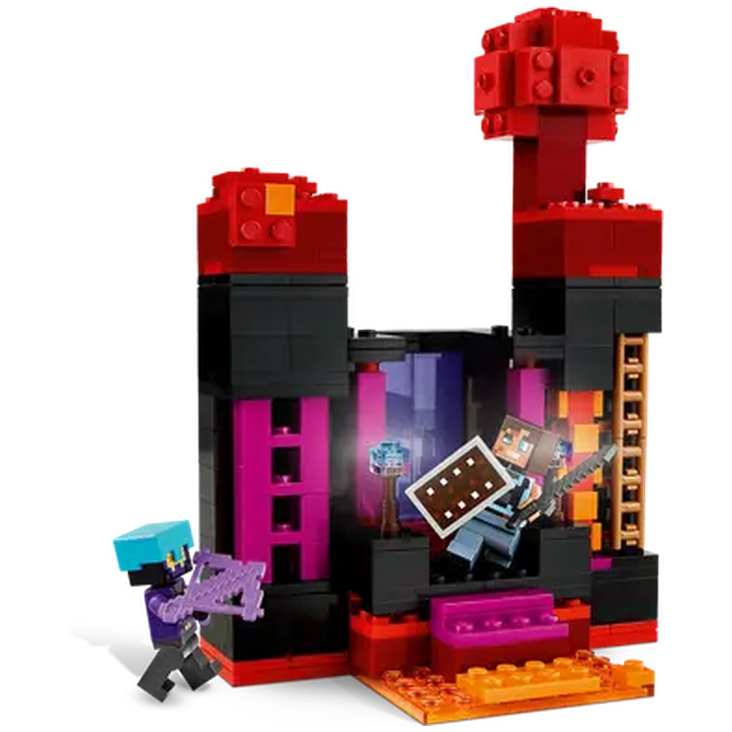 Scène Lego Minecraft avec figurines, structures et accessoires. Les figurines tiennent des armes. Les structures sont rouges et noires avec des accents orange.