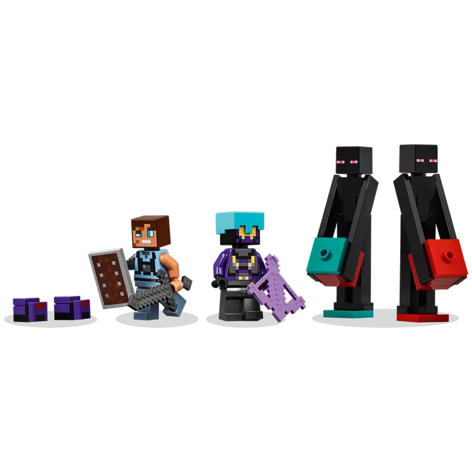 Figurines Lego Minecraft: un chevalier avec bouclier et épée, un personnage avec armure violette et deux Endermen avec blocs colorés.