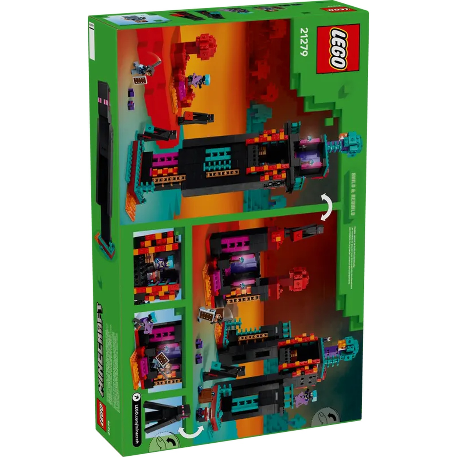L'arrière d'une boîte Lego Minecraft. Il montre différentes constructions, avec des structures noires, des paysages rouges et diverses figurines Lego.