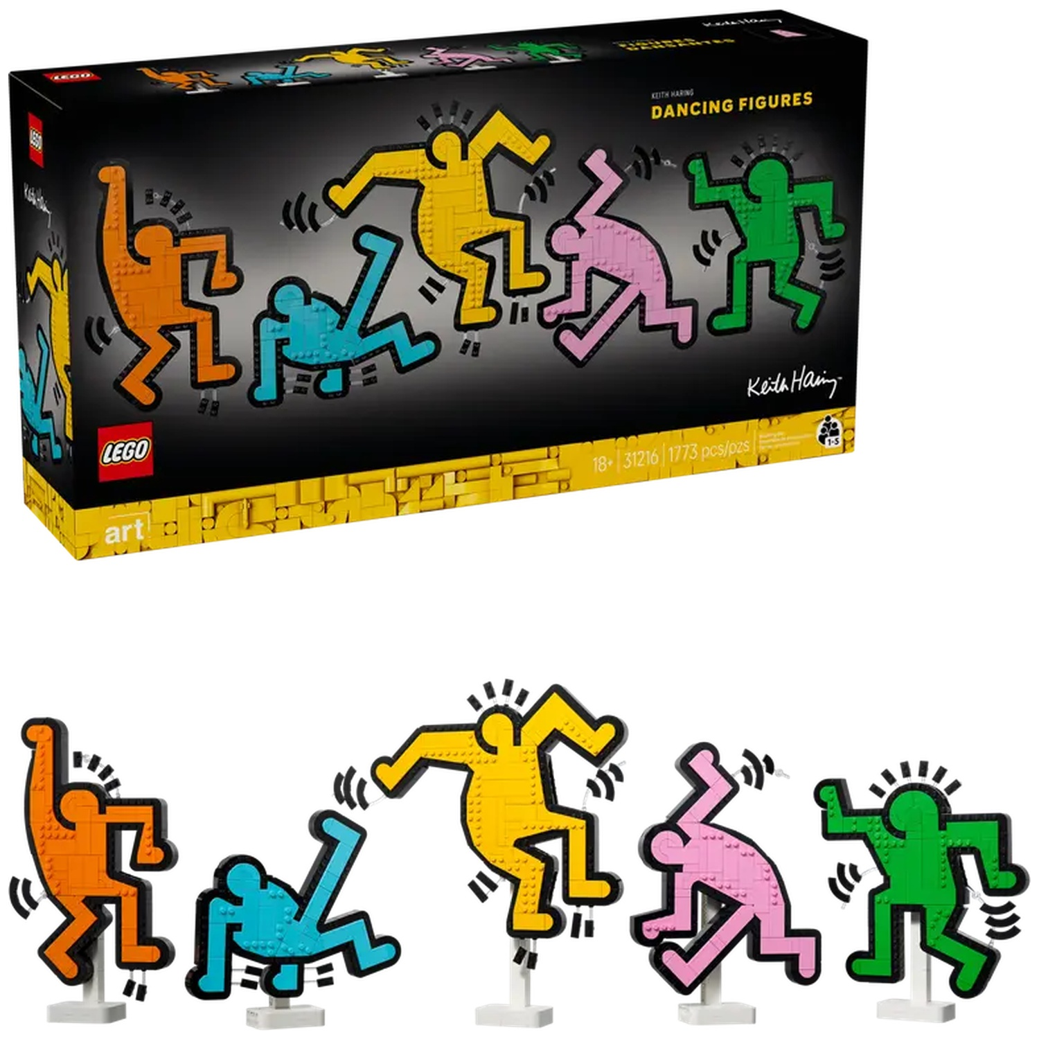 A Lego set box displays colorful dancing figures in orange, blue, yellow, pink, and green. Below, the figures stand on white bases.