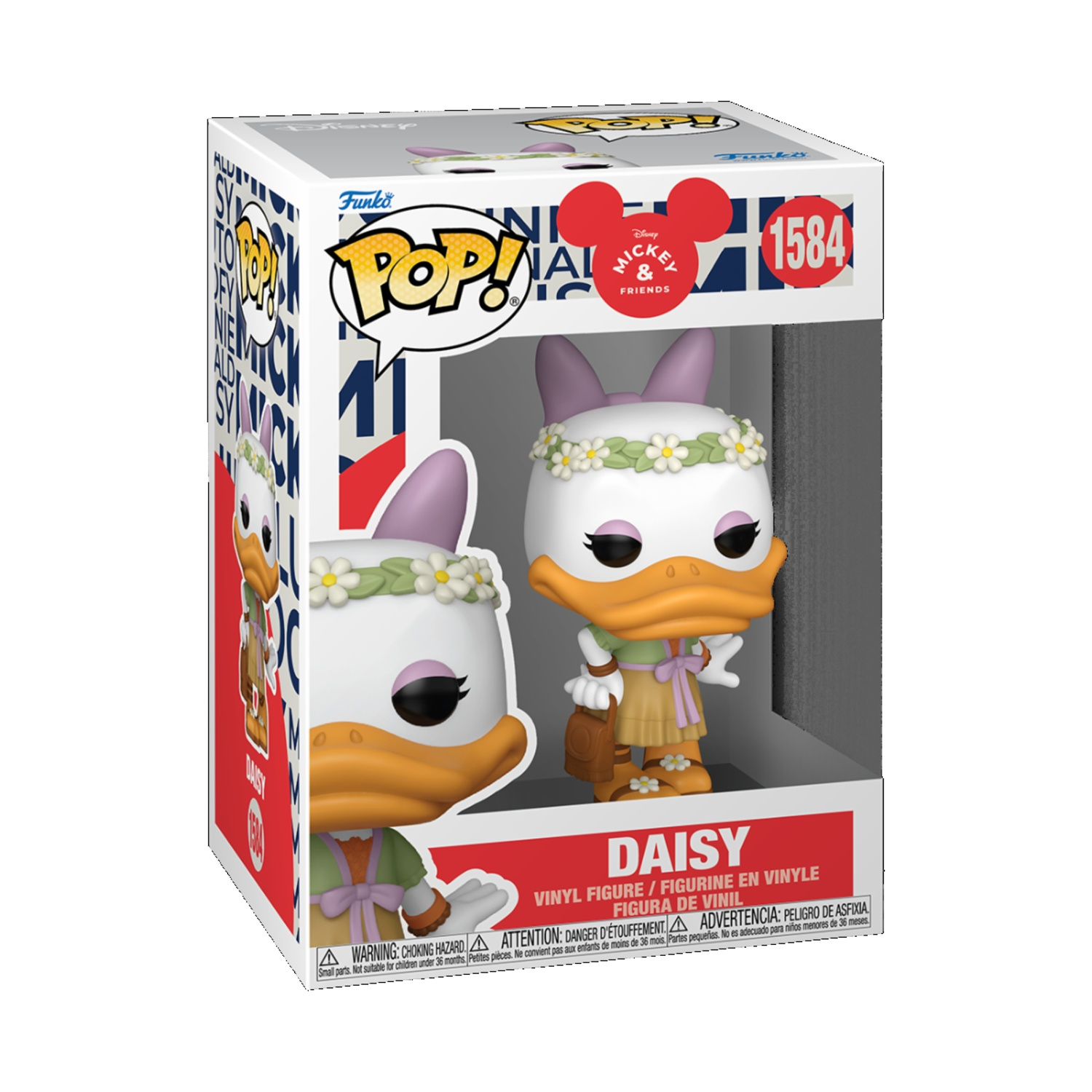 Personaggio Funko Pop di Daisy Duck in scatola. Daisy ha una corona di fiori, che tiene in mano una borsa. La scatola dice Mickey & Friends e Disney.
