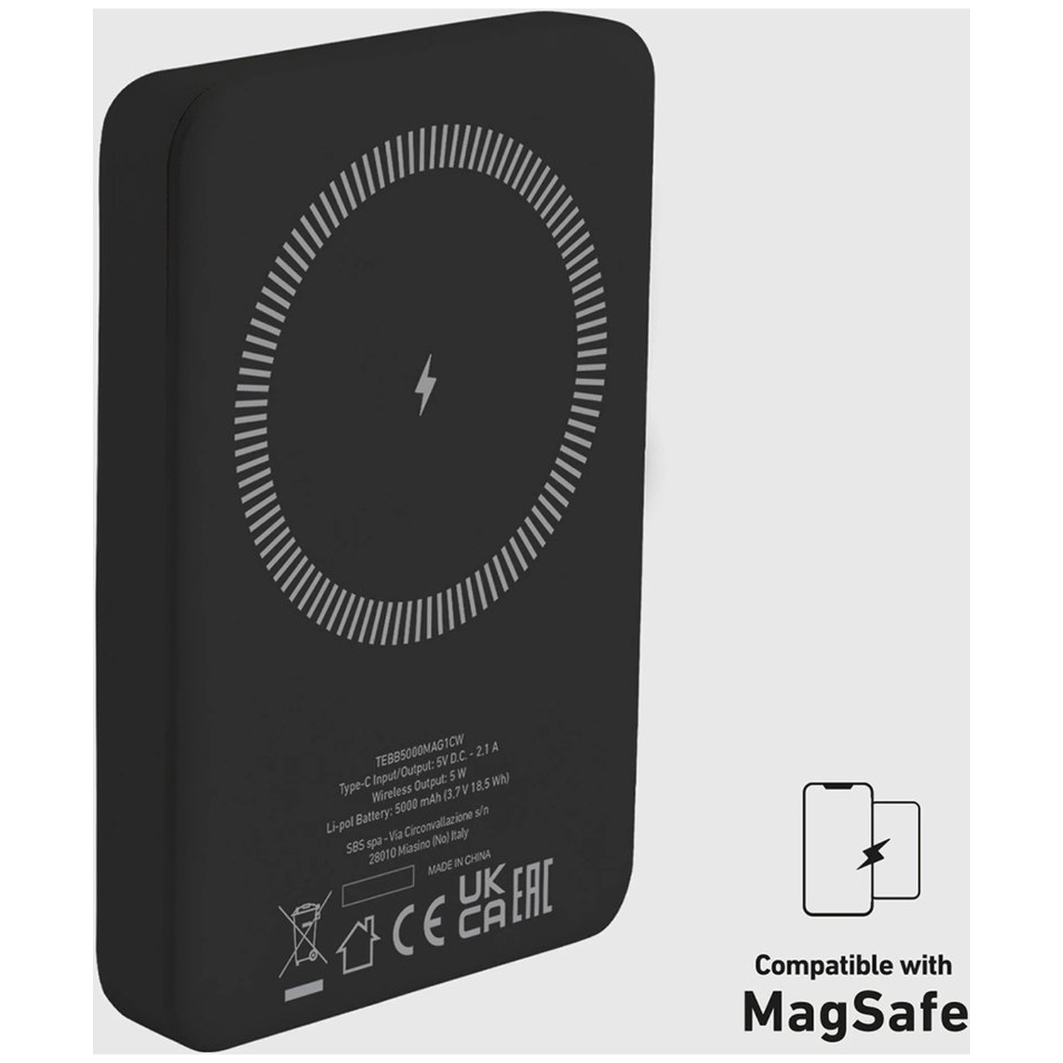Chargeur sans fil noir avec un design circulaire blanc et un symbole d'éclair. Le texte comprend les spécifications et le mot 'MagSafe'.
