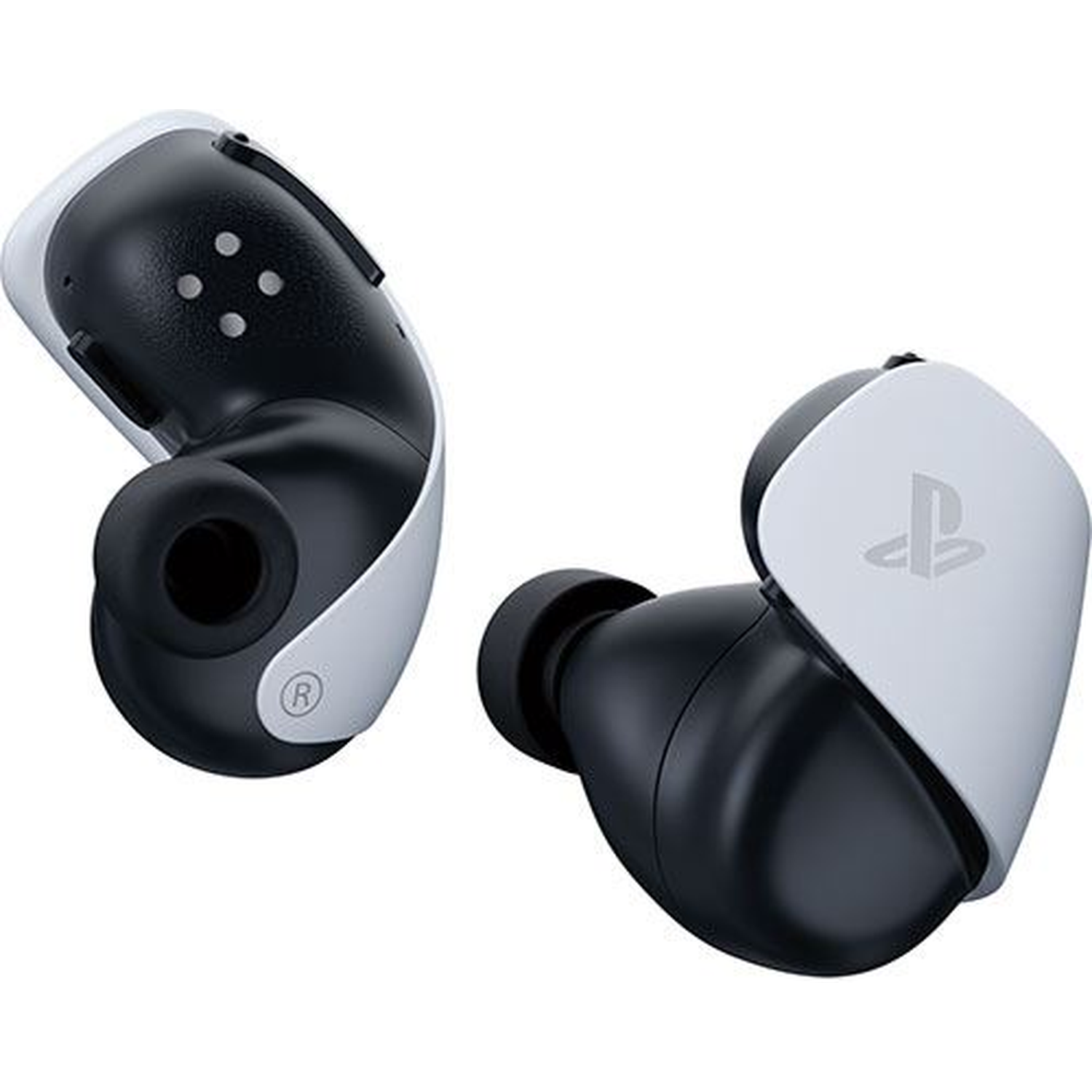 Twee zwart-witte draadloze oortelefoons. Eén toont het PlayStation-logo. De linkeroortelefoon heeft een R-symbool.