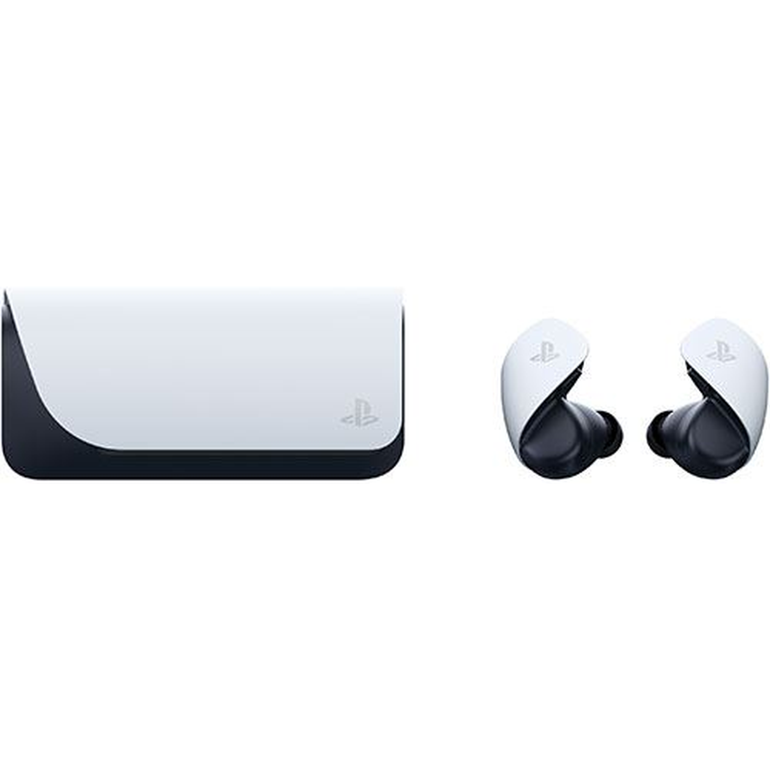 Witte en zwarte Playstation oordopjes met een oplaadcase. De case heeft het Playstation-logo. Oordopjes zijn in de buurt van de case.