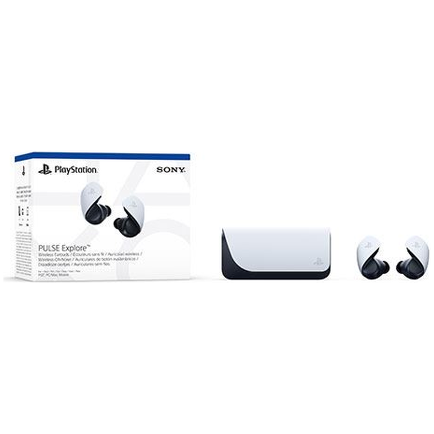 Een productfoto toont PlayStation Pulse Explore draadloze oordopjes, een oplaadcase en verpakking. De oordopjes zijn wit en zwart.